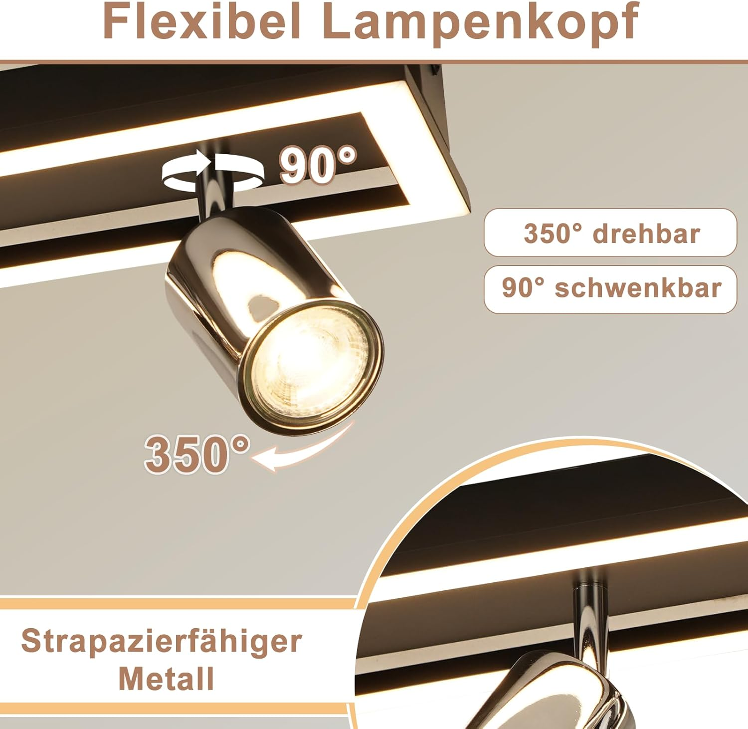 Primo piano di un faretto con la scritta 'Flexibel Lampenkopf'. Può ruotare di 350° e orientarsi di 90°. Metallo resistente.