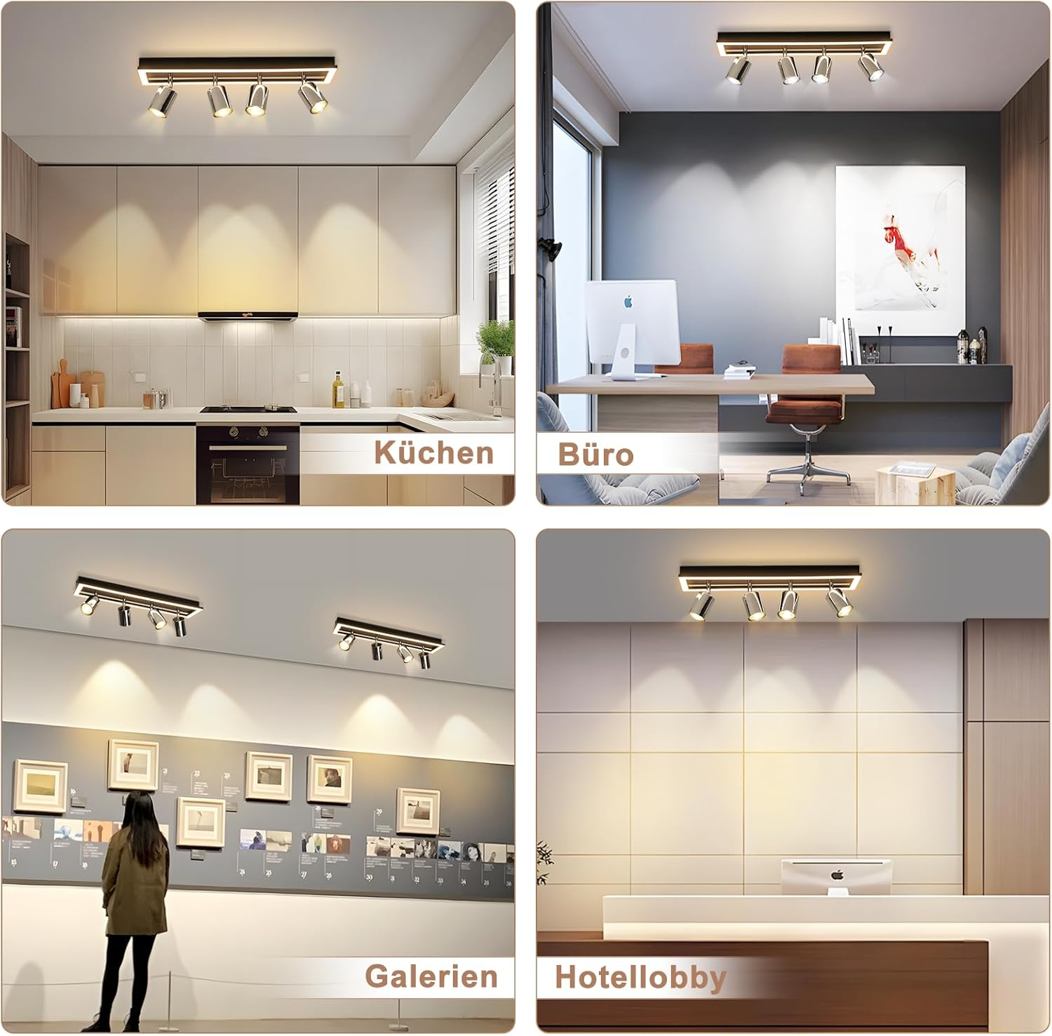 Quattro scene interne: cucina, ufficio, galleria e hall dell'hotel. Ognuna presenta una moderna illuminazione a binario.