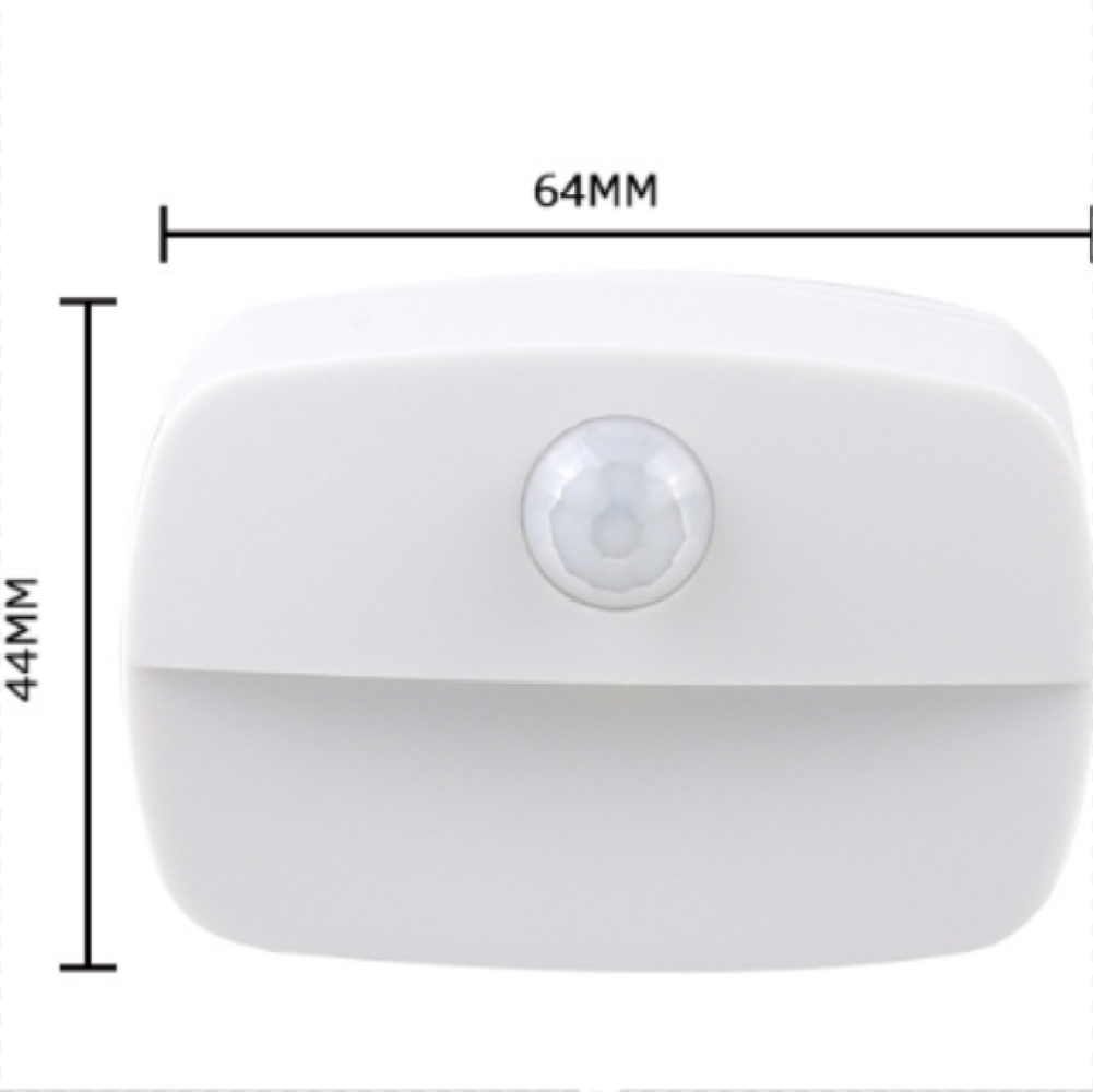 Ein weißes Bewegungssensorgerät mit den Maßen 64 mm breit und 44 mm hoch. Es hat eine abgerundete Form mit einem Sensor in der Mitte.