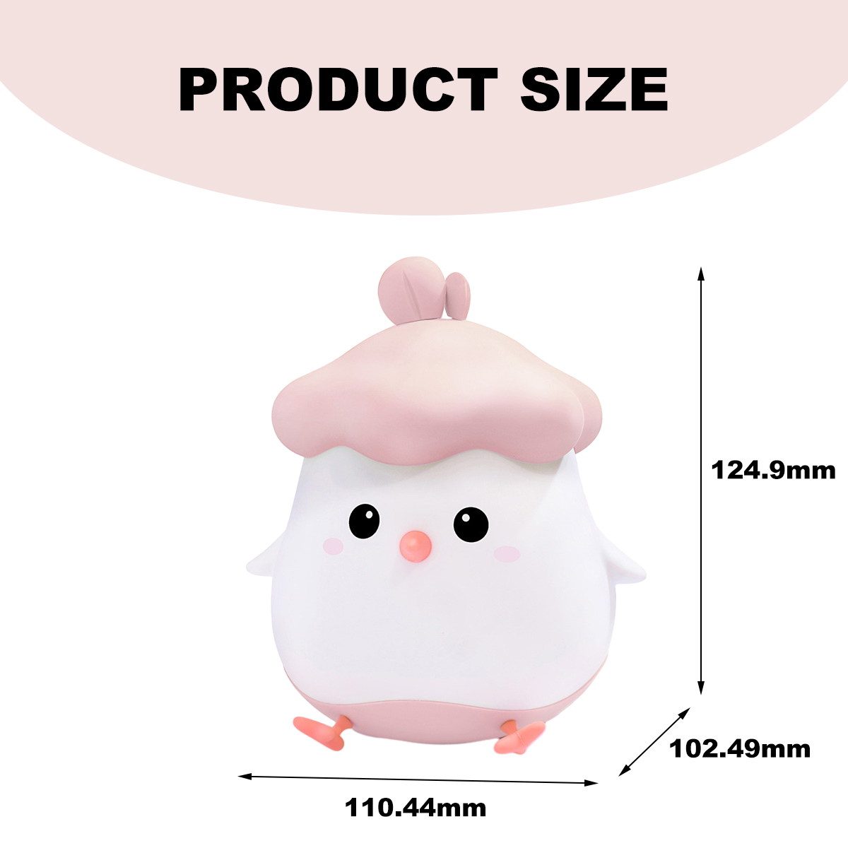 Ein Cartoon-Küken mit rosa Hut und Füßen. Produktgröße mit Abmessungen: 110,44 mm, 124,9 mm, 102,49 mm, mit Text 'Produktgröße'.