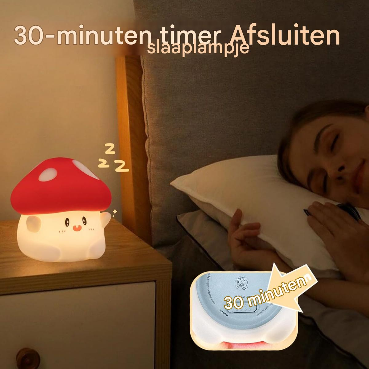 Ein Pilz-Nachtlicht auf einem Nachttisch. Eine Frau schläft im Bett. Text sagt: 30-Minuten-Timer.