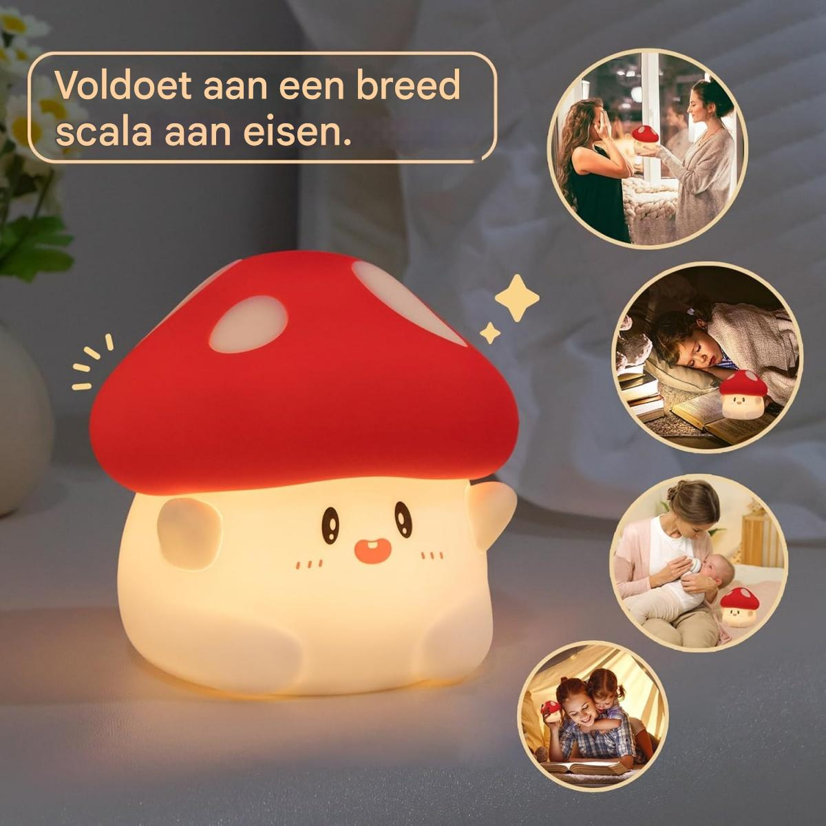 Eine pilzförmige Lampe mit roter Kappe und weißen Punkten. Sie wird in verschiedenen Szenarien mit Menschen gezeigt.