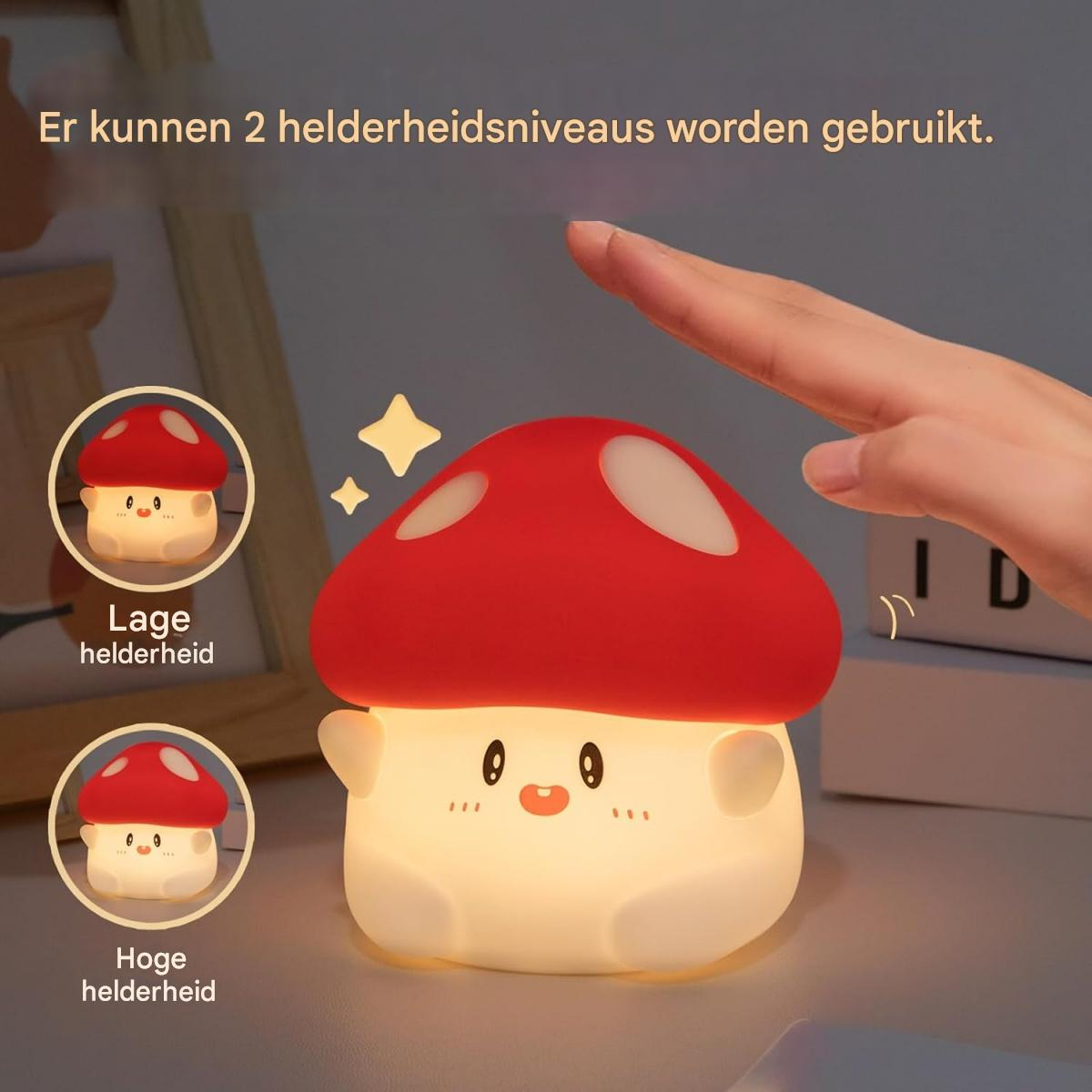 Eine pilzförmige Lampe mit roter Kappe und weißen Punkten. Eine Hand schwebt darüber. Zwei kleine Bilder zeigen Helligkeitsstufen.
