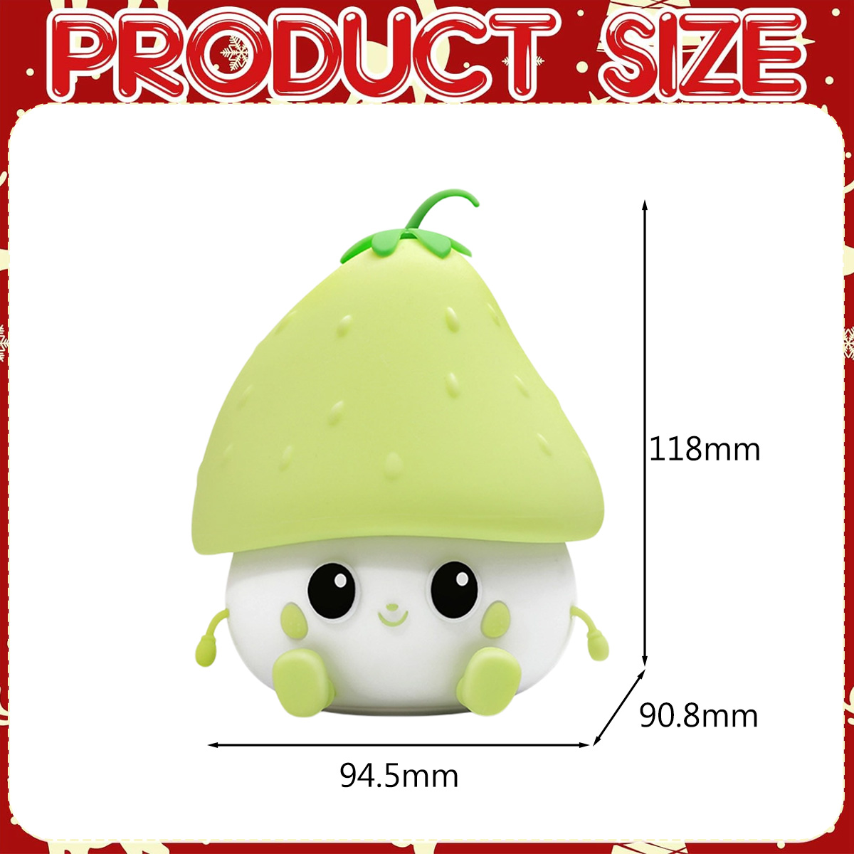 Eine Cartoon-Pilzlampe mit grünem Deckel und weißem Körper. Abmessungen: 94,5 mm x 90,8 mm x 118 mm. Text: 'PRODUCT SIZE'.