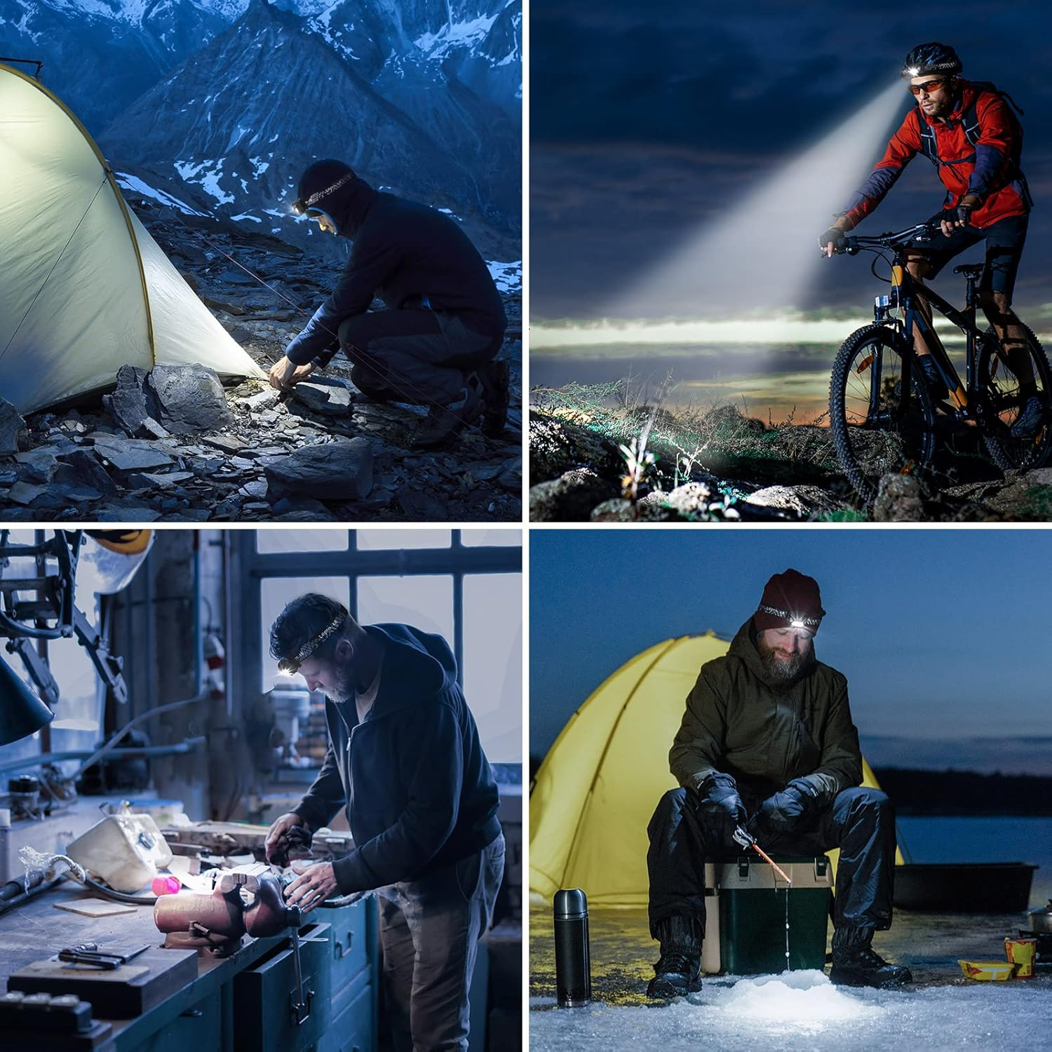 Vier Bilder zeigen Personen mit Stirnlampen. Zu den Aktivitäten gehören Camping, Radfahren, Arbeiten in einer Werkstatt und Eisfischen. Jedes Bild ist dunkel.