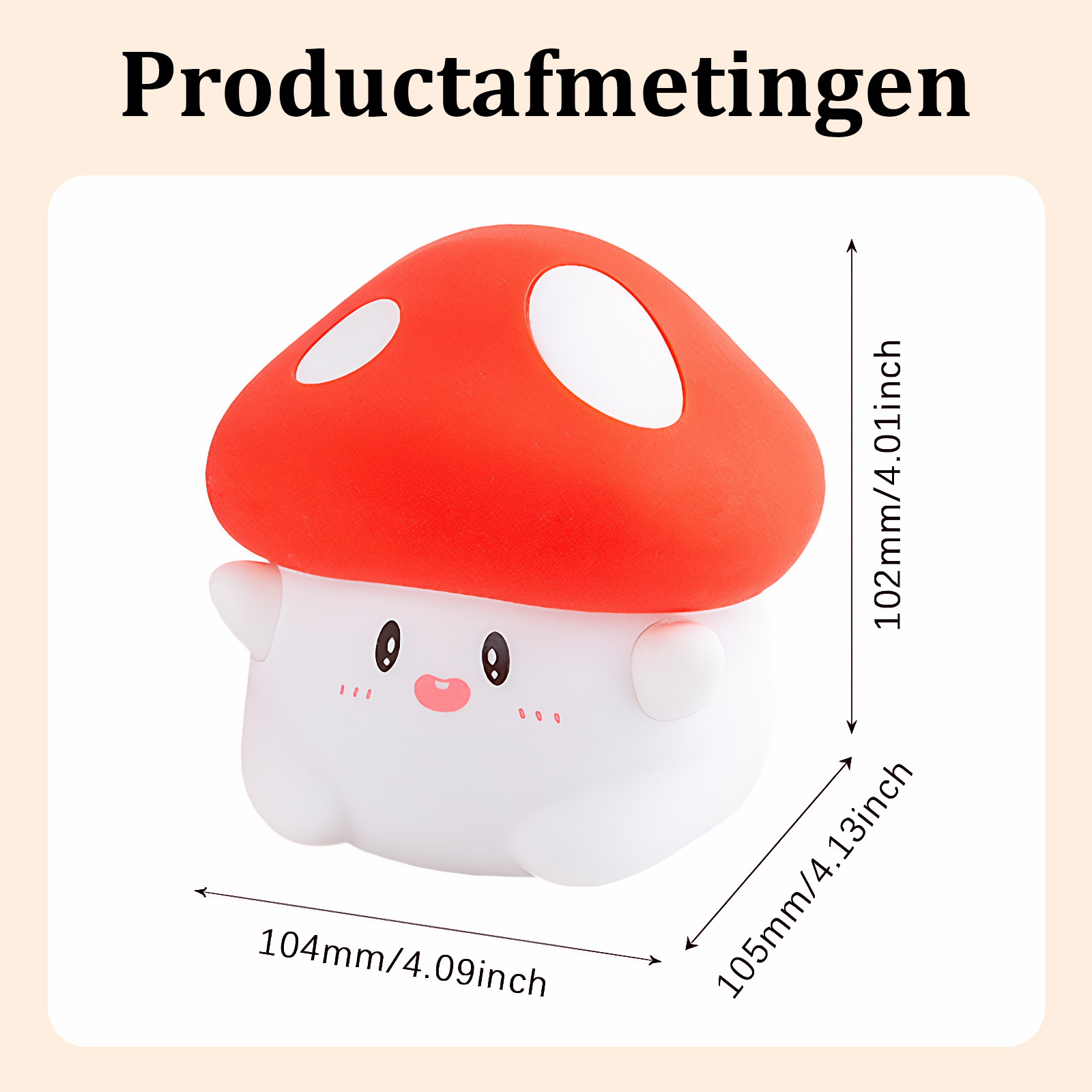 Ein pilzförmiges Nachtlicht mit roter Kappe und weißem Sockel, Abmessungen sind angegeben.