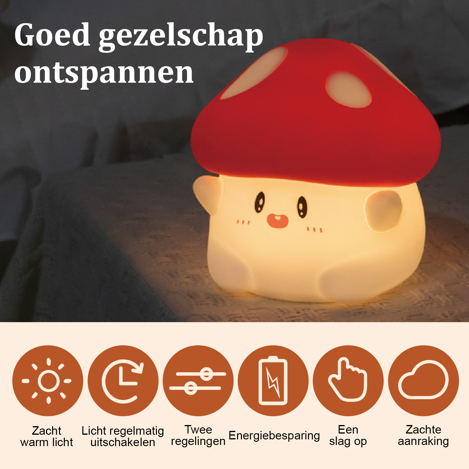 Eine pilzförmige Lampe mit roter Kappe, leuchtend, auf einem Tisch. Symbole zeigen Funktionen wie Berührung und weiches Licht.