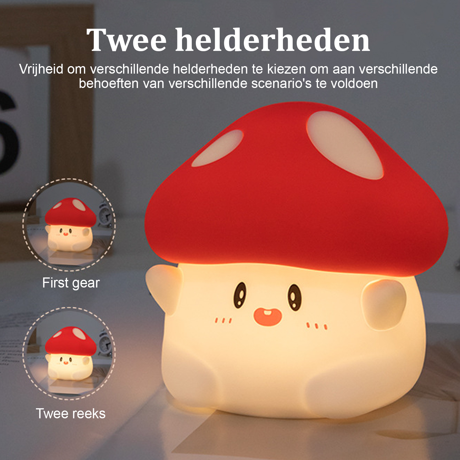Eine pilzförmige Lampe mit roter Kappe und weißen Punkten. Es hat ein lächelndes Gesicht und leuchtet. Text auf Niederländisch.