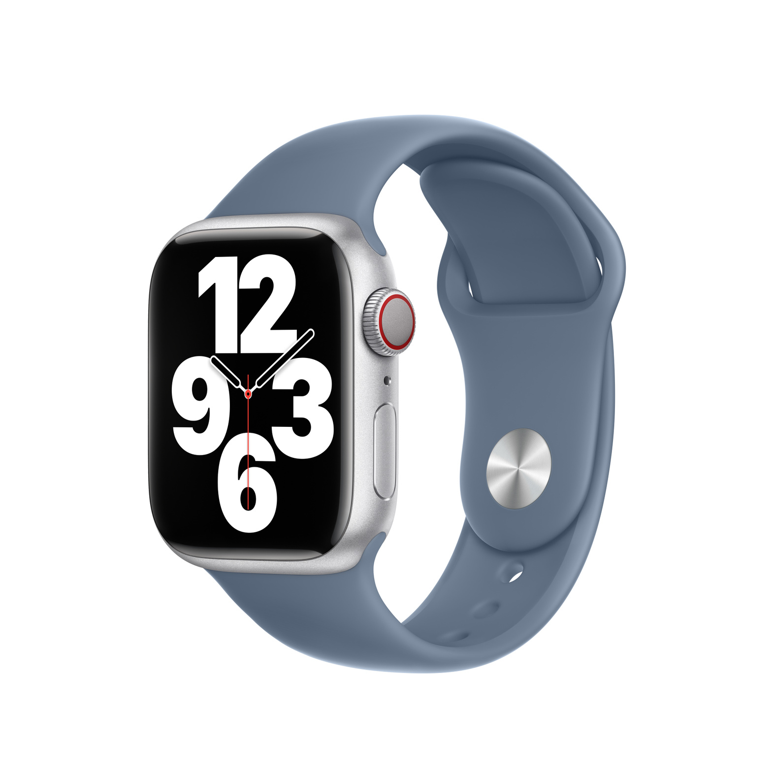 Silver Apple Watch with a blue strap. The watch face shows time. White background.