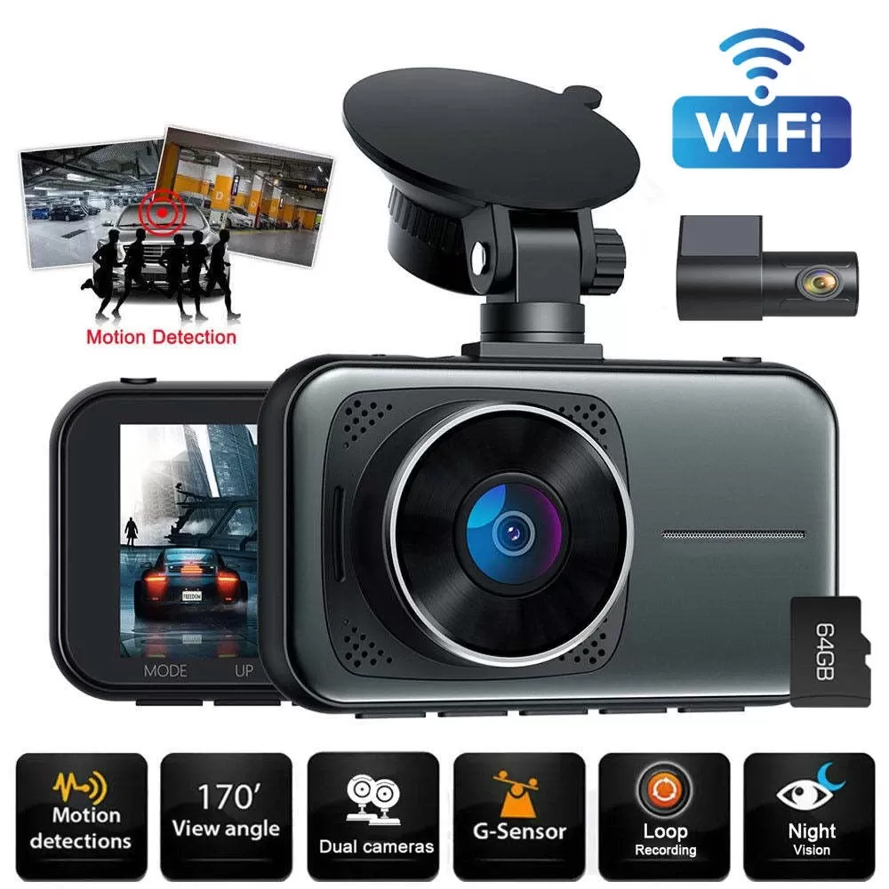Ein Auto-Dashcam mit mehreren Funktionen, darunter Bewegungserkennung, Dual-Kameras und Nachtsicht. Außerdem ein WLAN-Symbol und 64 GB SD-Karte.