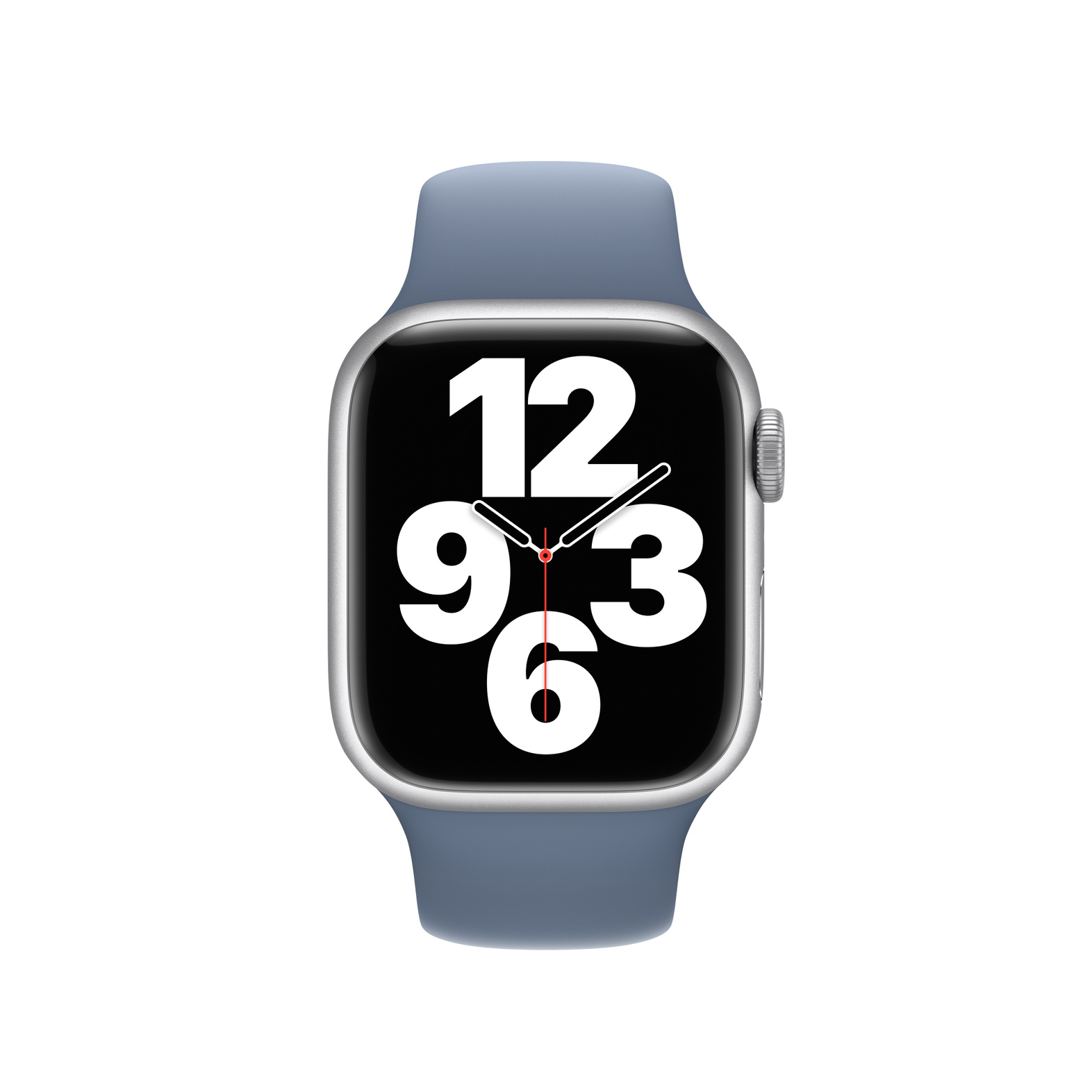 An Apple Watch with a blue band, the watch face displays the numbers 12, 9, 3, and 6.