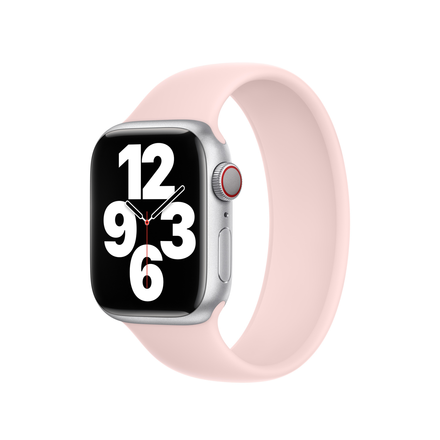 Silver Apple Watch with a pink strap. The watch face shows the time. The background is white.