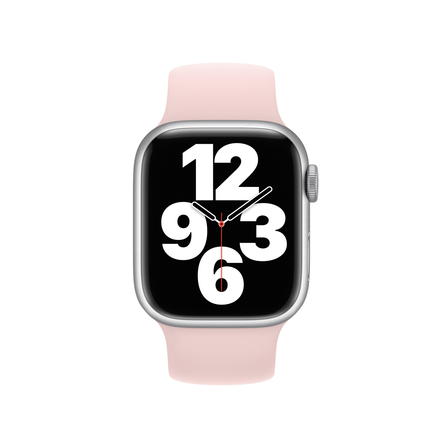 An Apple Watch on a white background. The watch has a silver case and a pink strap. The watch face shows the time: 12:03:06.