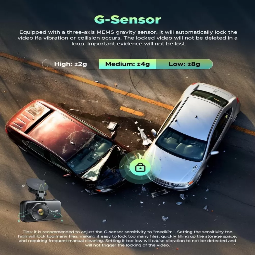Das Bild zeigt zwei verunglückte Autos. Eine Dashcam befindet sich unten links. Text beschreibt die G-Sensor-Funktion und Empfindlichkeitseinstellungen.