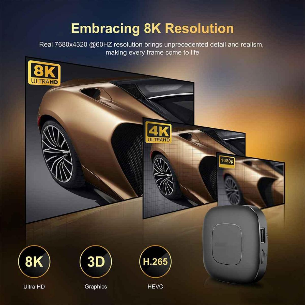 Werbung, die 8K-, 4K- und 1080p-Displays mit einem goldenen Auto zeigt. Darunter befinden sich Symbole für 8K, 3D und H.265.