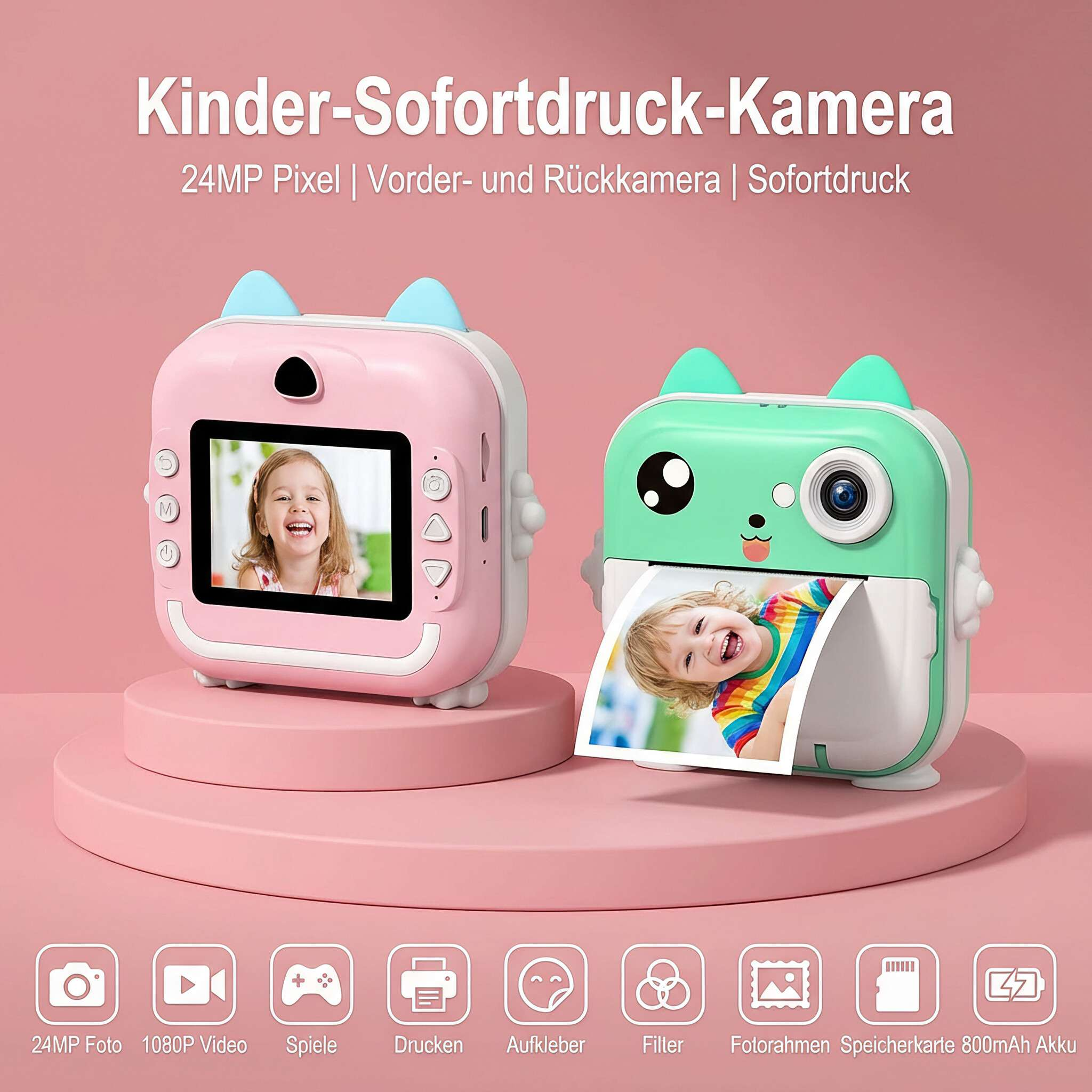 Zwei Spielzeugkameras, rosa und grün, katzenförmig. Eine druckt ein Foto eines lächelnden Mädchens. Text oben: 'Kinder-Sofortdruck-Kamera'.