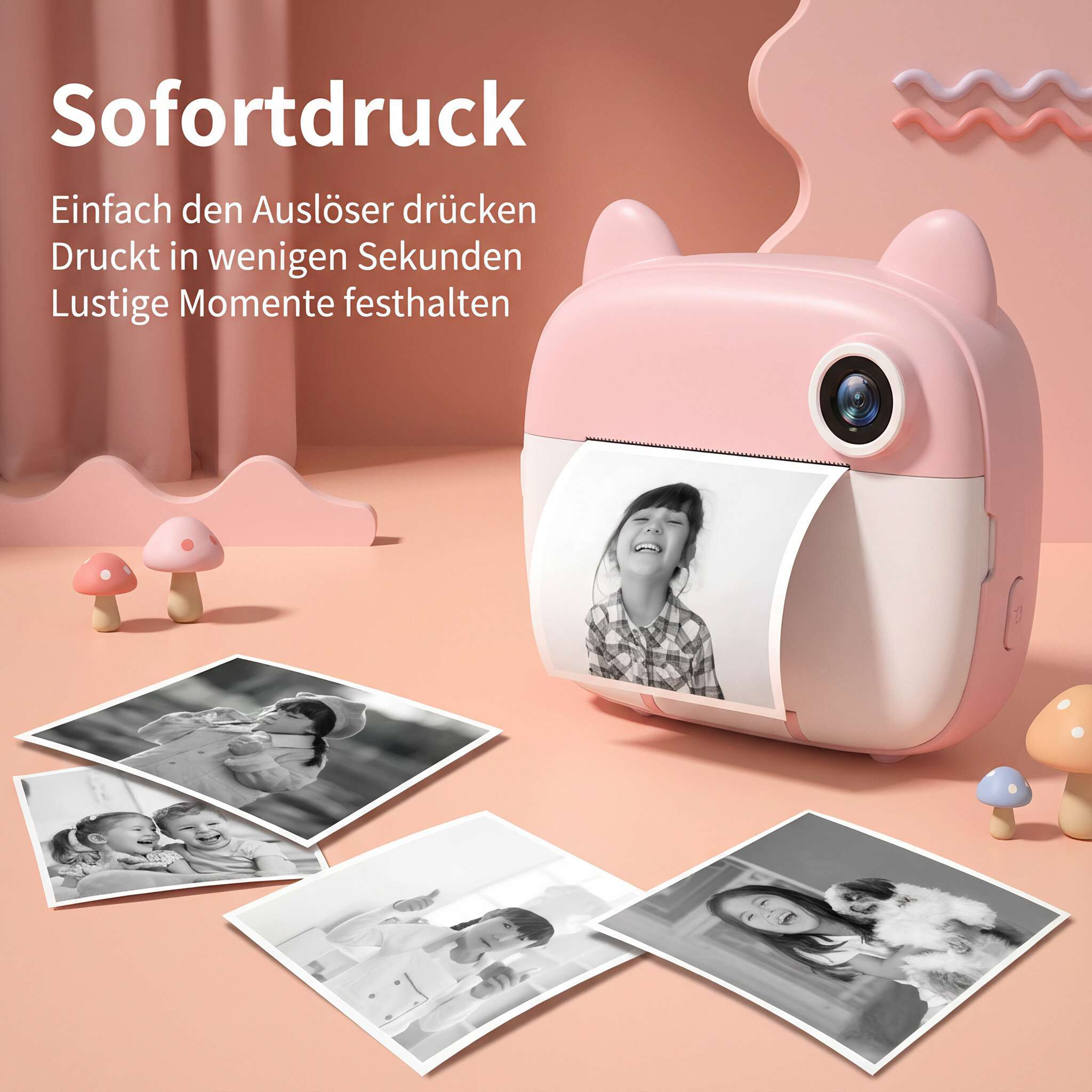 Rosa Sofortbildkamera druckt Fotos. Mehrere gedruckte Fotos sind verstreut, Pilze an der Seite.