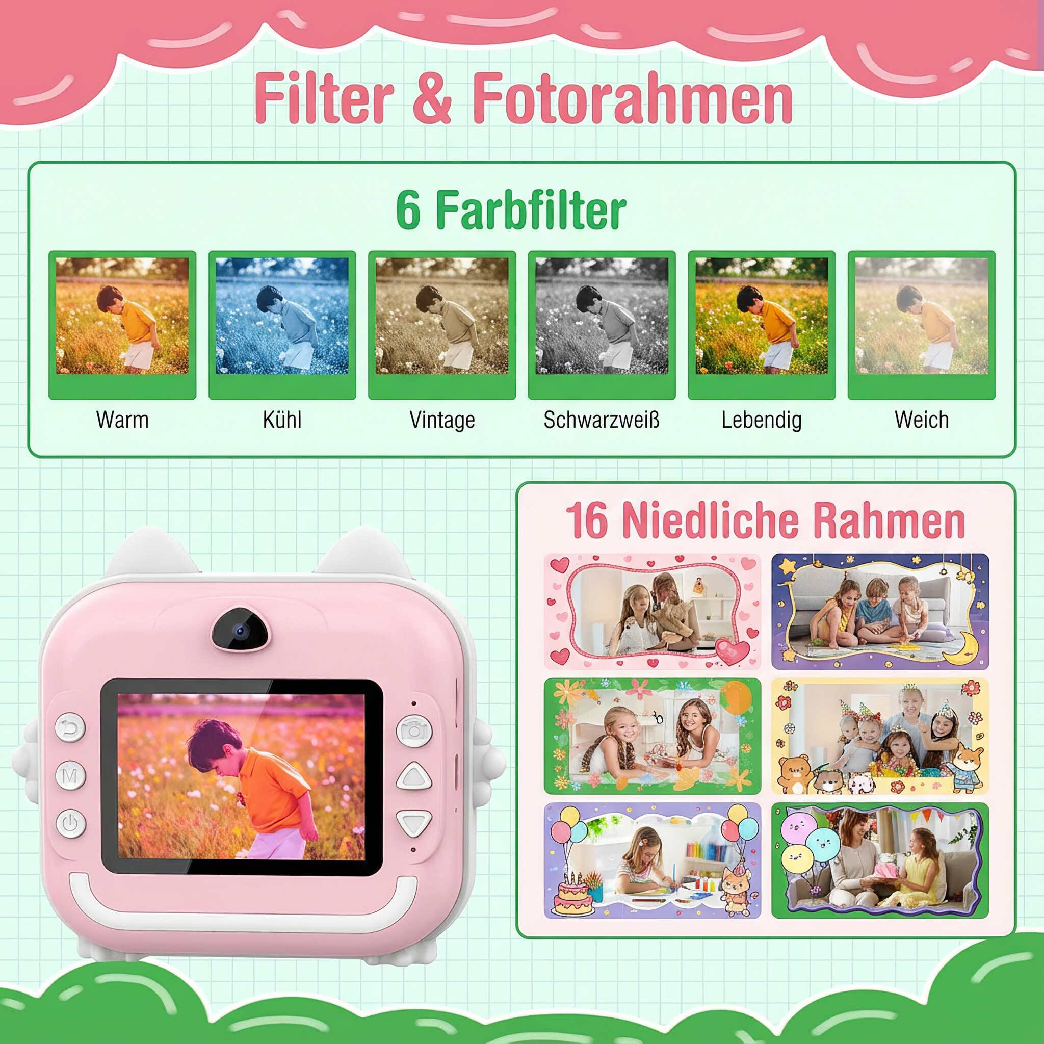 Rosa Kamera mit Bildschirm, der ein Kind auf dem Feld zeigt. Filter und Rahmen sind oben und rechts angezeigt.