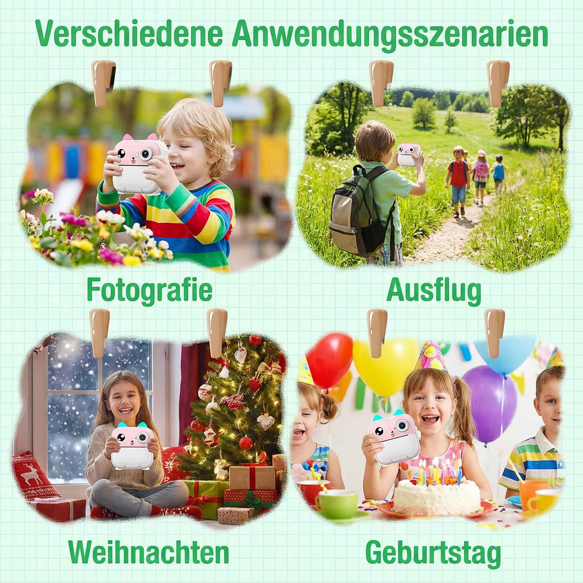 Das Bild zeigt Kinder, die eine Spielzeugkamera in verschiedenen Umgebungen verwenden: Fotografie, Ausflug, Weihnachten und Geburtstag. Jede Szene hat ein Kind.