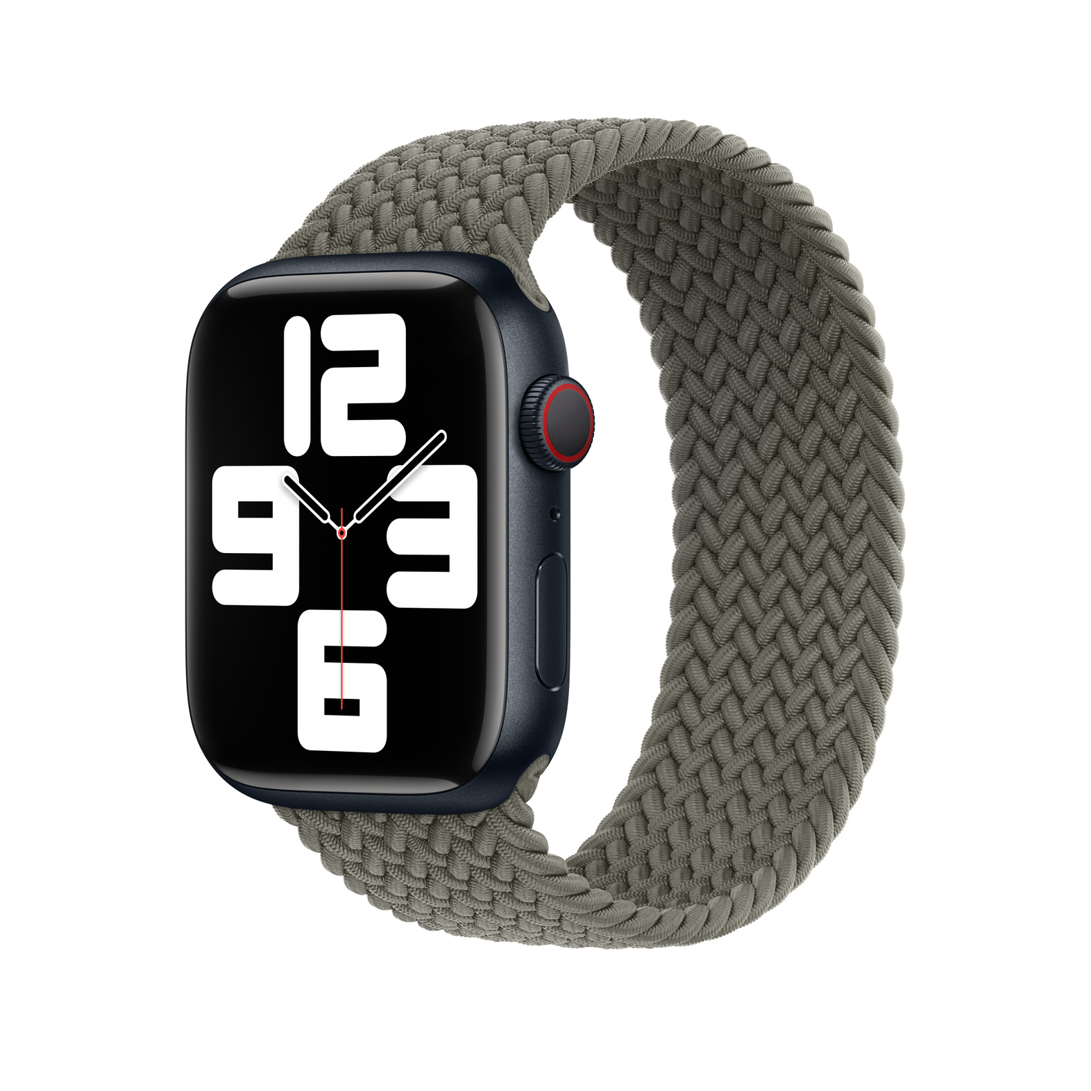 Une Apple Watch avec un bracelet tressé gris affiche l'heure. La montre a un écran noir et un boîtier gris.