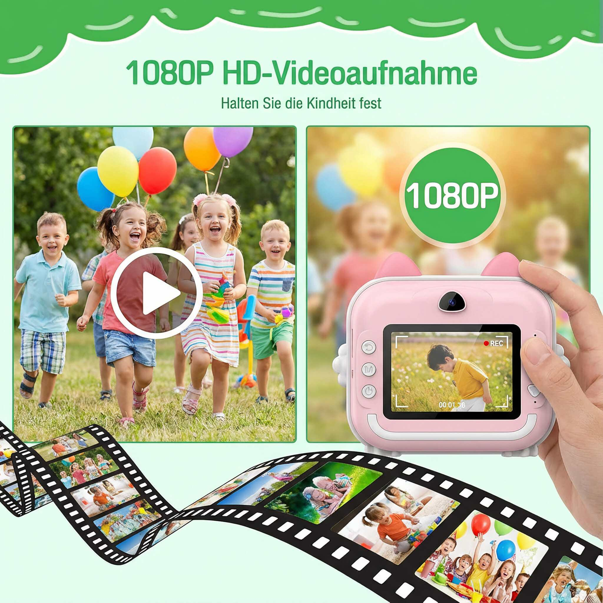 Kinder laufen mit Ballons, eine pinke Kamera zeigt ein Video. Filmstreifen zeigt Momente. Text: 1080P HD-Videoaufnahme.