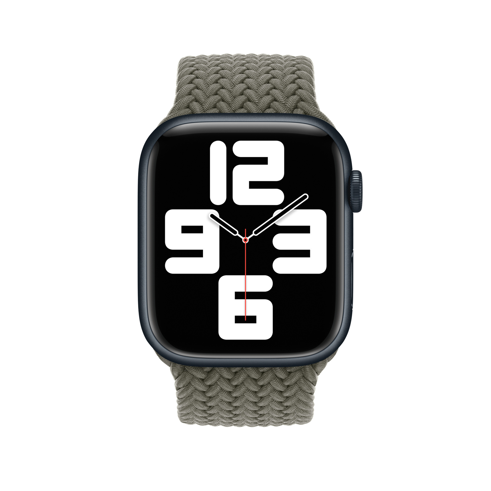 Une Apple Watch avec un solo loop tressé vert. Le cadran affiche l'heure. Le fond est blanc.