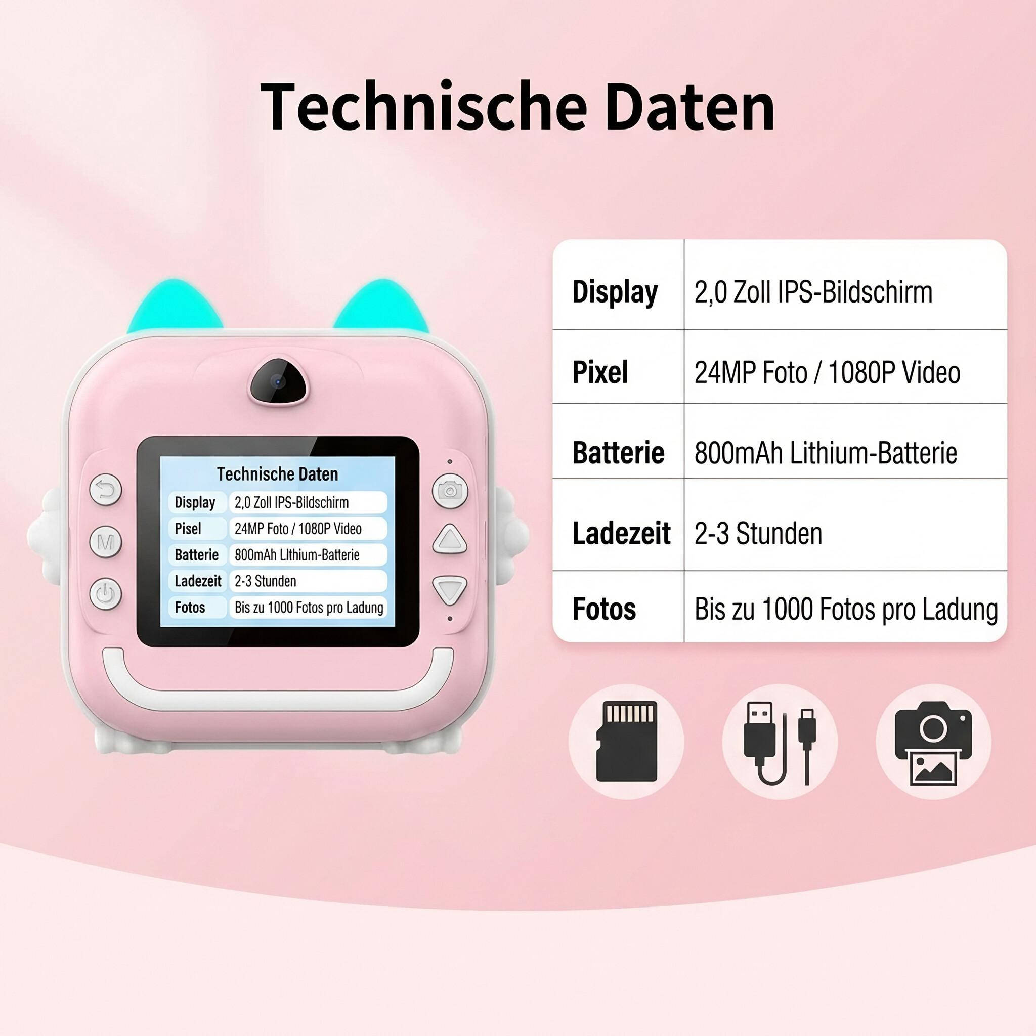 Rosa Kamera mit türkisfarbenen Ohren und Display, das technische Daten anzeigt. Merkmale sind Display, Pixel, Akku und Fotos.