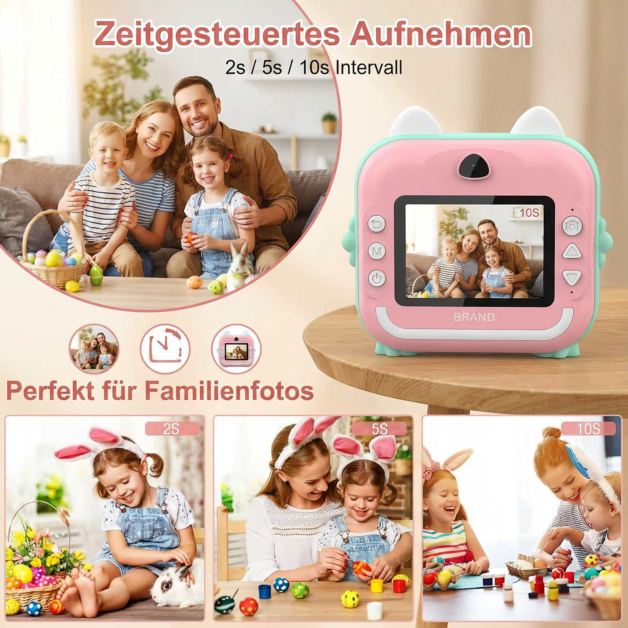 Eine rosa Kamera mit Familienfoto auf dem Bildschirm und drei kleinere Fotos von Kindern und Erwachsenen. Text sagt 'Perfekt für Familienfotos'.