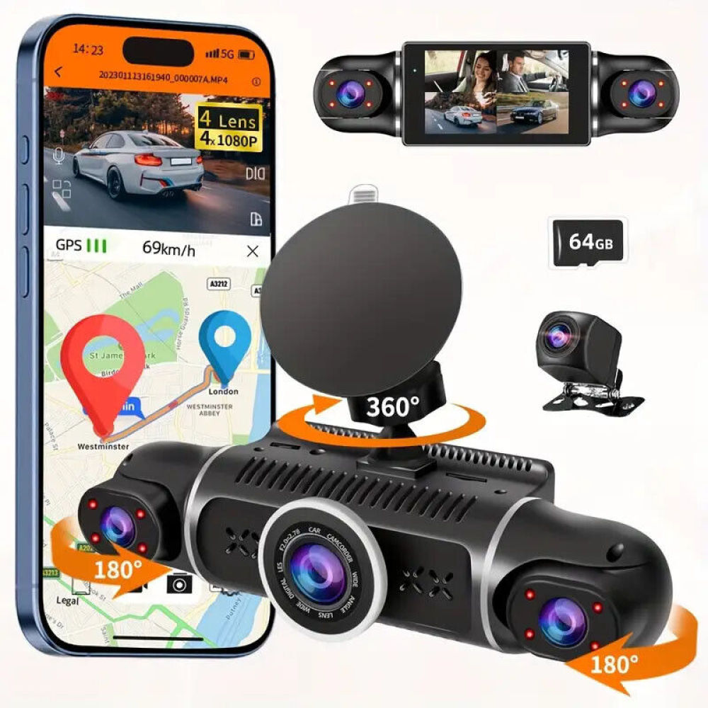 Ein Telefon und ein Auto-Kamera-Setup. Das Telefon zeigt ein Auto auf einer Straße und GPS. Andere Kameras sind ebenfalls vorhanden.