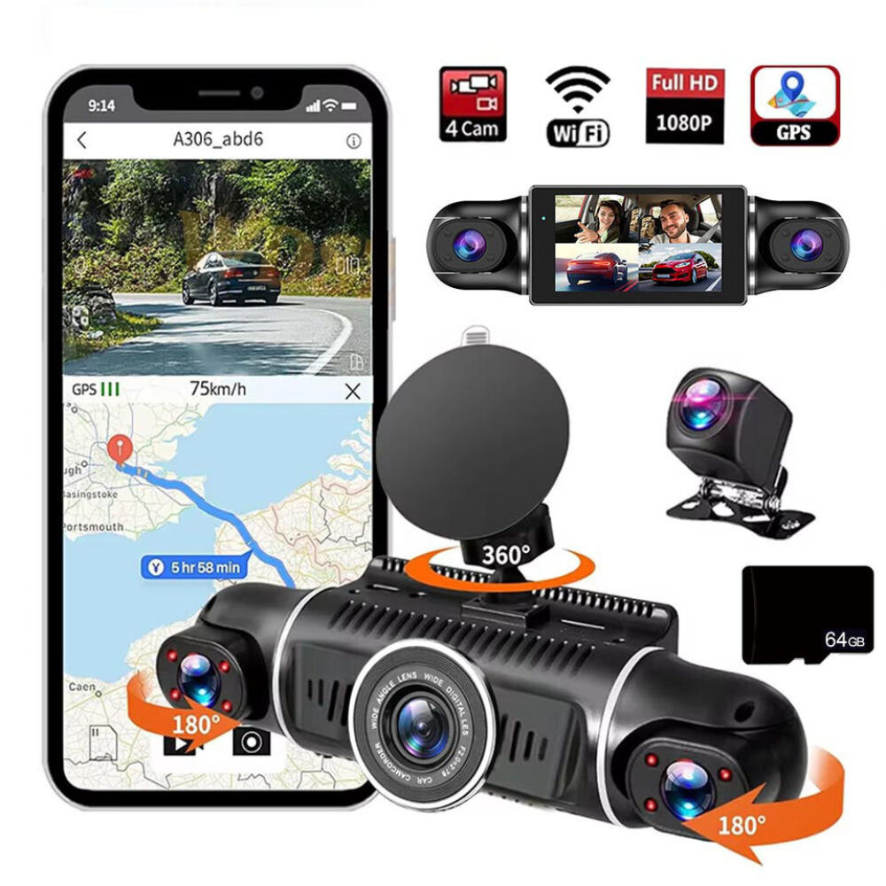 Auto-Dashcam mit mehreren Kameras, Smartphone mit Straßenkarte und Icons für WLAN, GPS und Full-HD-Aufnahme.