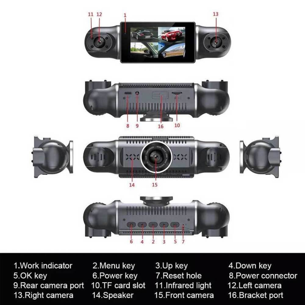 Dashcam mit Bildschirm, Knöpfen und Anschlüssen. Beschriftungen zeigen Funktionen wie Infrarotlicht, Kamera, Lautsprecher und Netzanschluss.