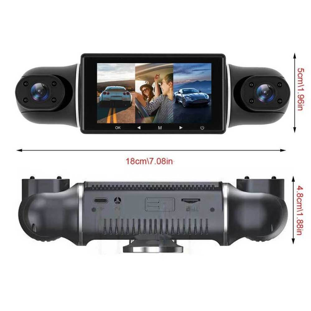 Schwarze Auto-Dashcam mit Bildschirm, der Autobilder anzeigt. Es hat zwei Kameras an den Seiten, mit Maßangaben.