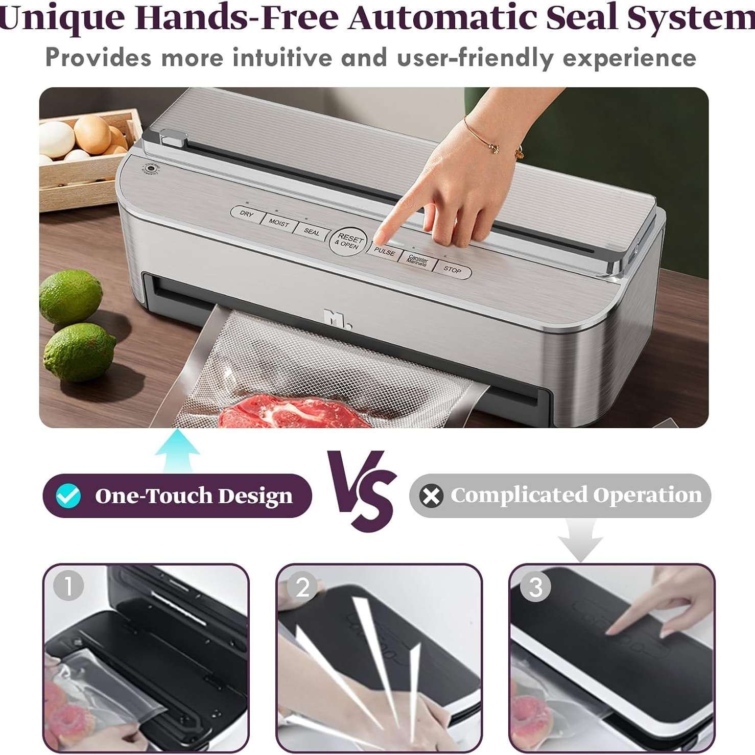 Eine Hand drückt eine Taste auf einem Vakuumiergerät. Limetten, Eier und Fleisch sind sichtbar. Text sagt 'One-Touch Design' vs 'Complicated Operation'.