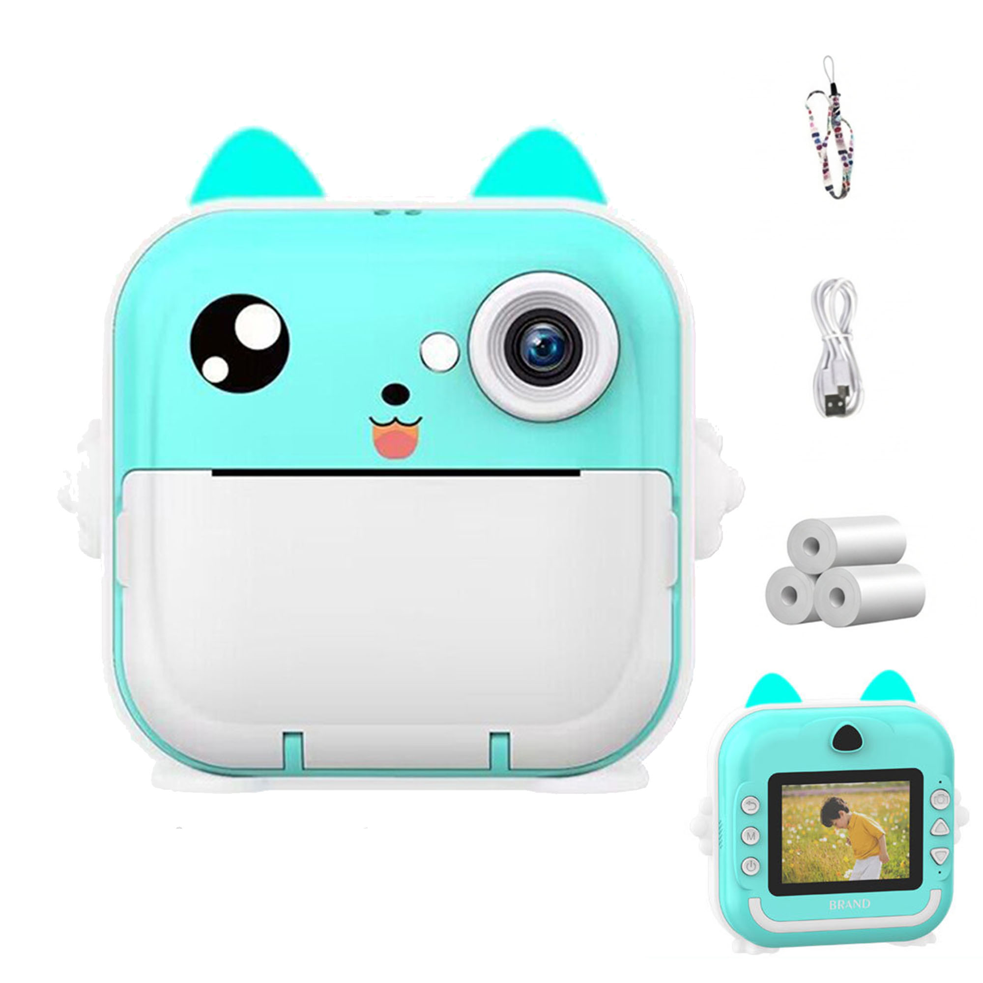 Eine türkisblaue, katzenförmige Sofortbildkamera mit Zubehör. Enthält einen Gurt, ein USB-Kabel und Filmrollen. Eine kleine Kamera wird ebenfalls gezeigt.