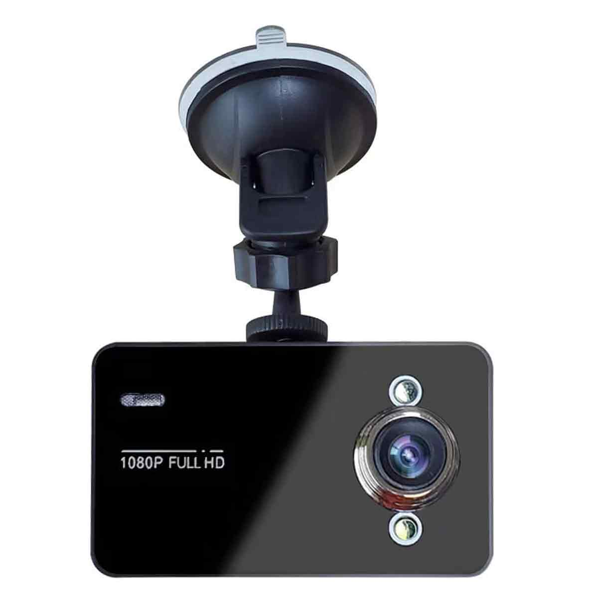 Eine schwarze Dashcam mit Saugnapfhalterung. Sie hat ein Objektiv und zeigt '1080P FULL HD'. Die Halterung ist über der Kamera.
