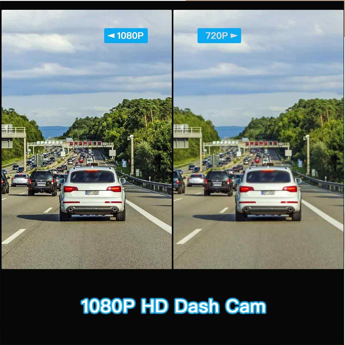 Ein geteiltes Bild, das 1080P- und 720P-Dashcam-Aufnahmen vergleicht und Autos auf einer Autobahn zeigt. Bäume säumen die Straße.