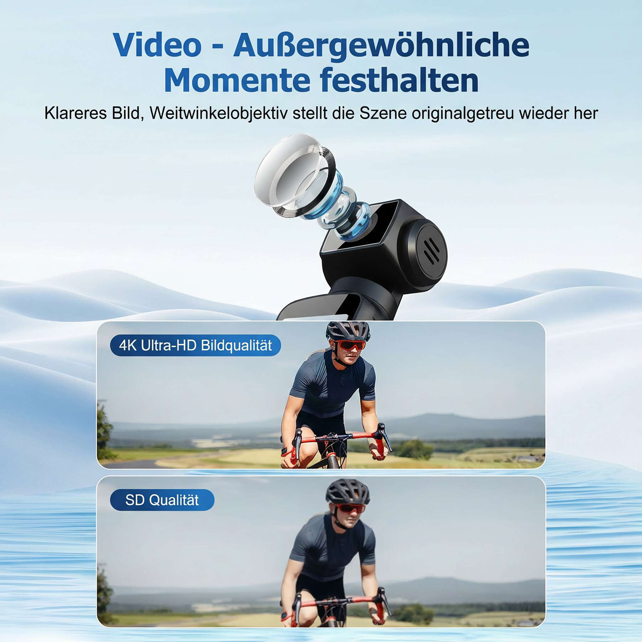 Das Bild zeigt eine Kamera und Radfahrer mit Text auf Deutsch. Die Kameralinse wird hervorgehoben.