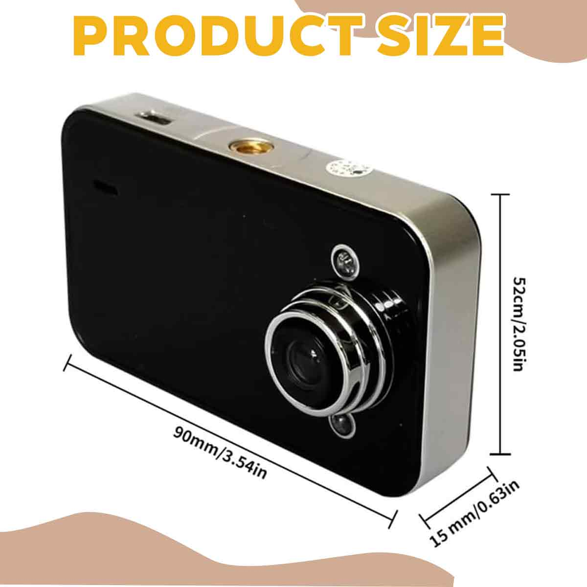 Eine schwarze Dashcam mit silbernen Kanten wird gezeigt, mit beschrifteten Abmessungen. Der Text 'PRODUCT SIZE' steht oben.