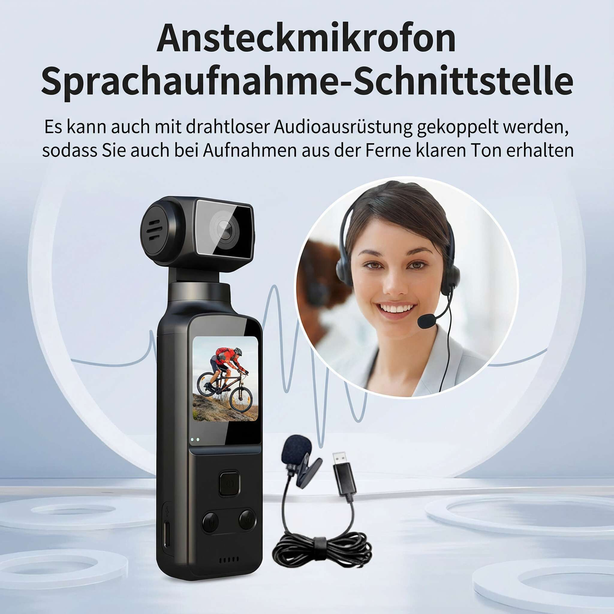 Eine schwarze Kamera mit Bildschirm, Mikrofon und eine Frau mit Headset. Text oben sagt 'Ansteckmikrofon'.