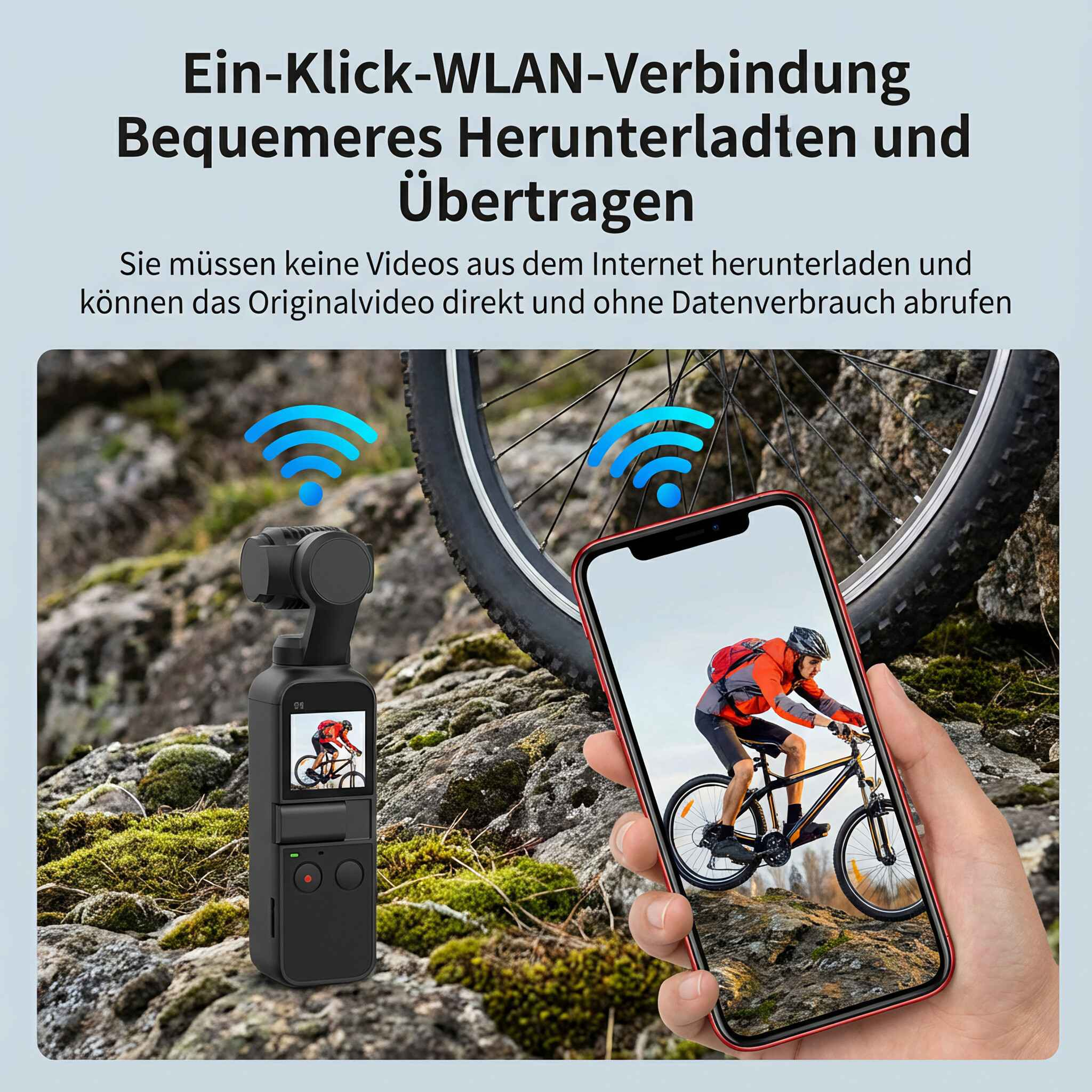 Das Bild zeigt ein Telefon mit einem Radfahrer und einer schwarzen Kamera. WLAN-Signal-Symbole sind sichtbar.