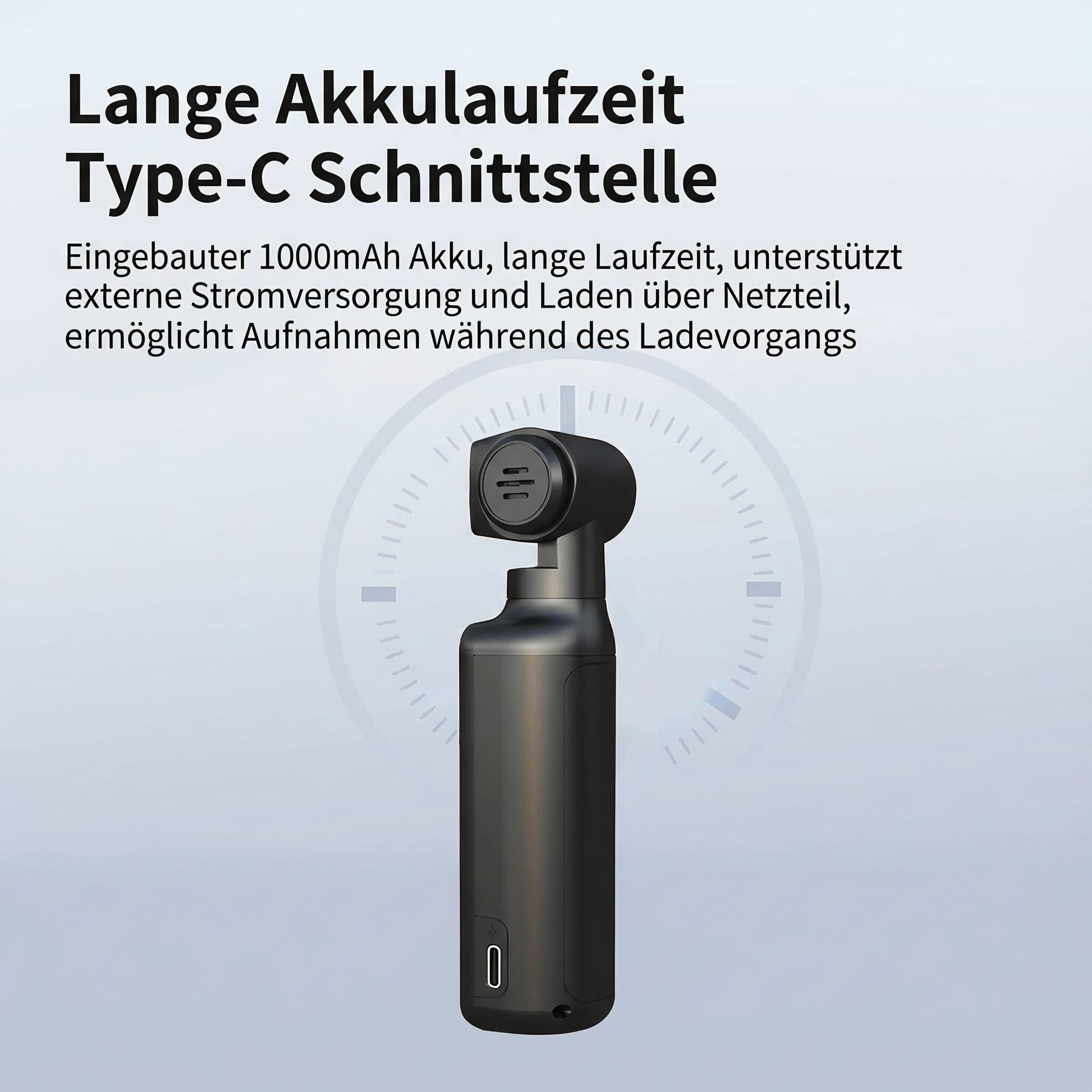 Schwarzer Gimbal-Stabilisator. Der Text oben lautet 'Lange Akkulaufzeit, Typ-C-Schnittstelle'.