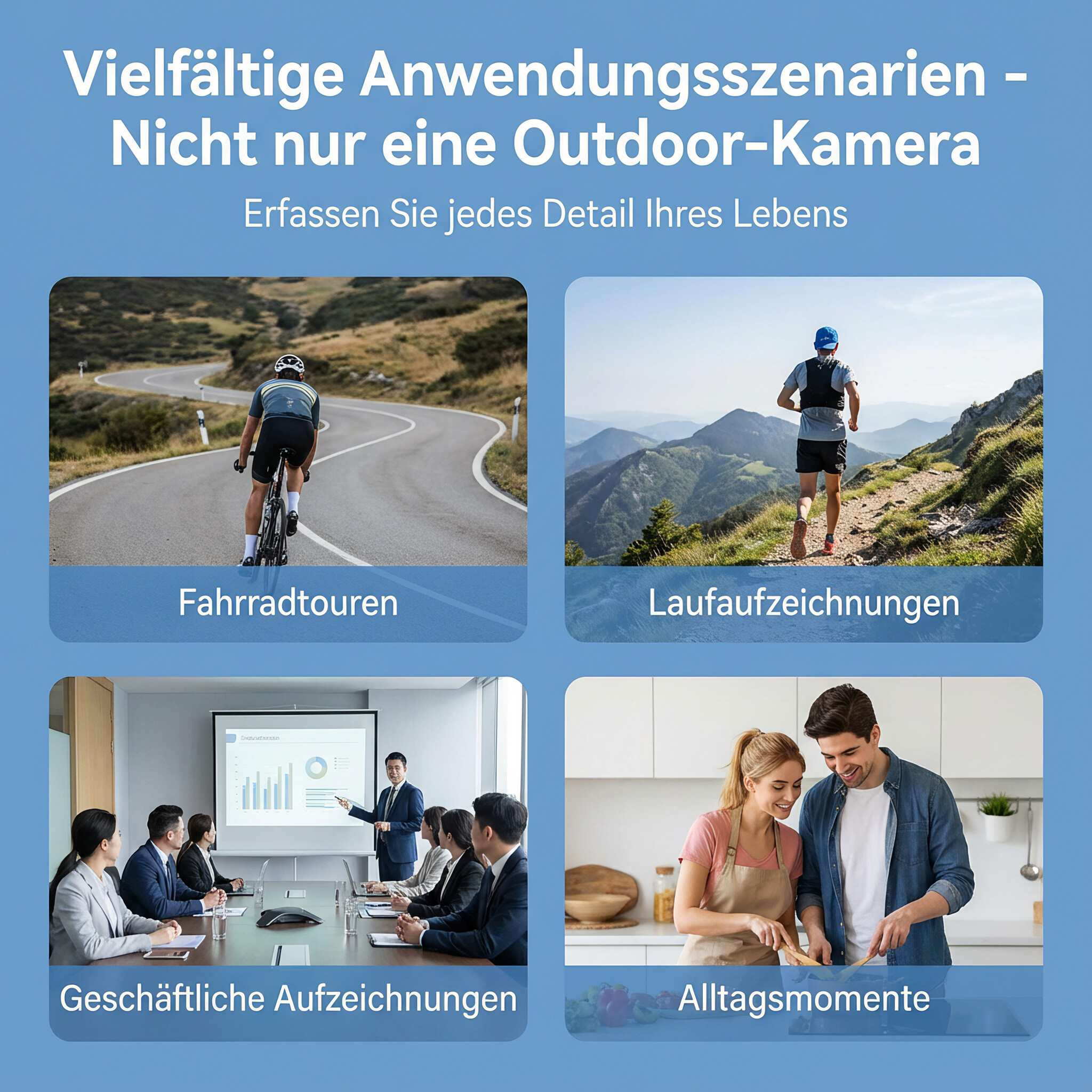 Das Bild zeigt verschiedene Szenarien: Radfahrer, Läufer, Geschäftstreffen und ein kochendes Paar. Text lautet 'Outdoor-Kamera'.