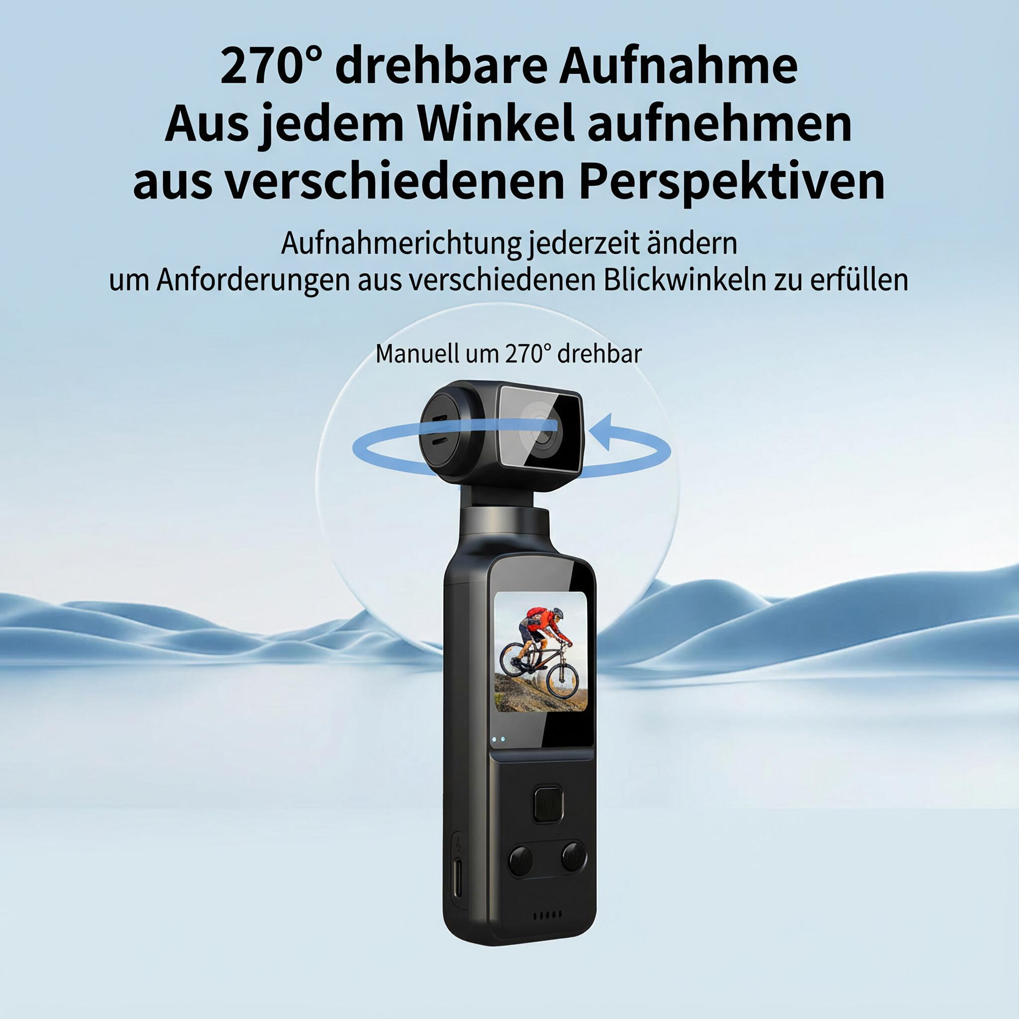 Schwarze Kamera mit Bildschirm, der einen Radfahrer zeigt. Text: 270° Winkel, aus jedem Winkel aufnehmen.