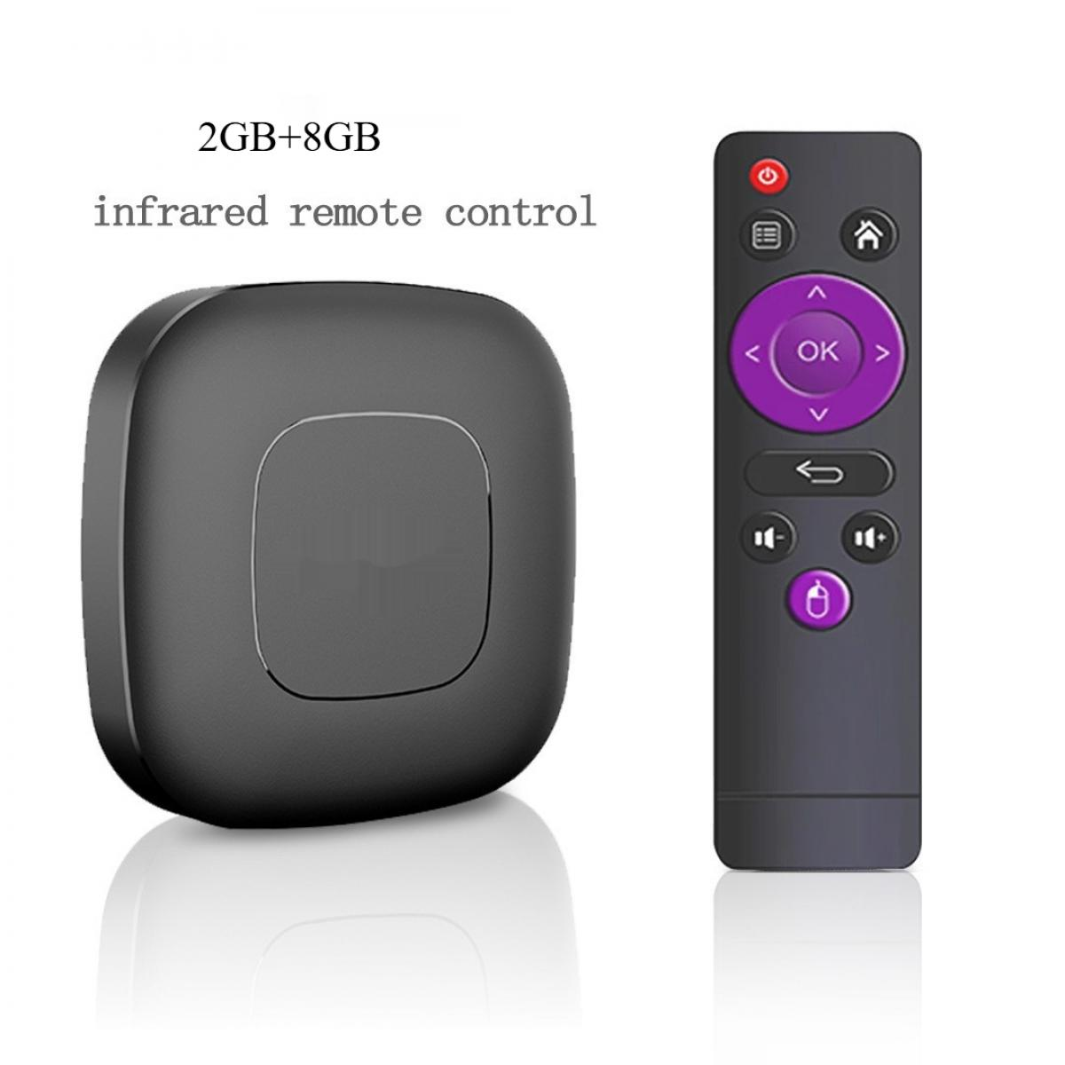 Eine schwarze Mediaplay-Box und Fernbedienung auf weißem Untergrund. Text: '2GB+8GB Infrarot-Fernbedienung'.