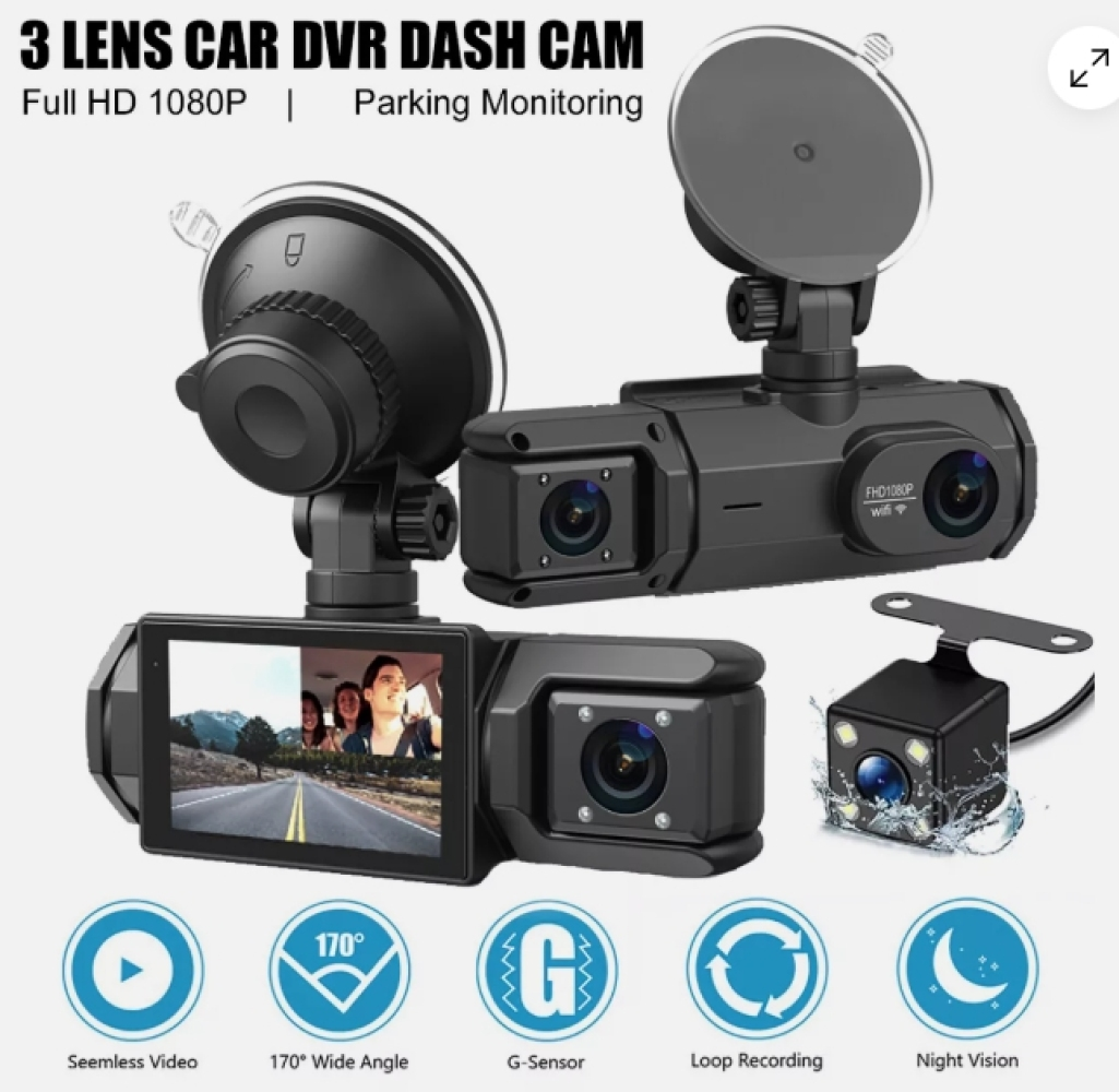 Schwarze Auto-DVR-Dashcam mit drei Objektiven, einem Bildschirm mit einem Auto-Innenraum und Symbolen für Funktionen wie Nachtsicht.