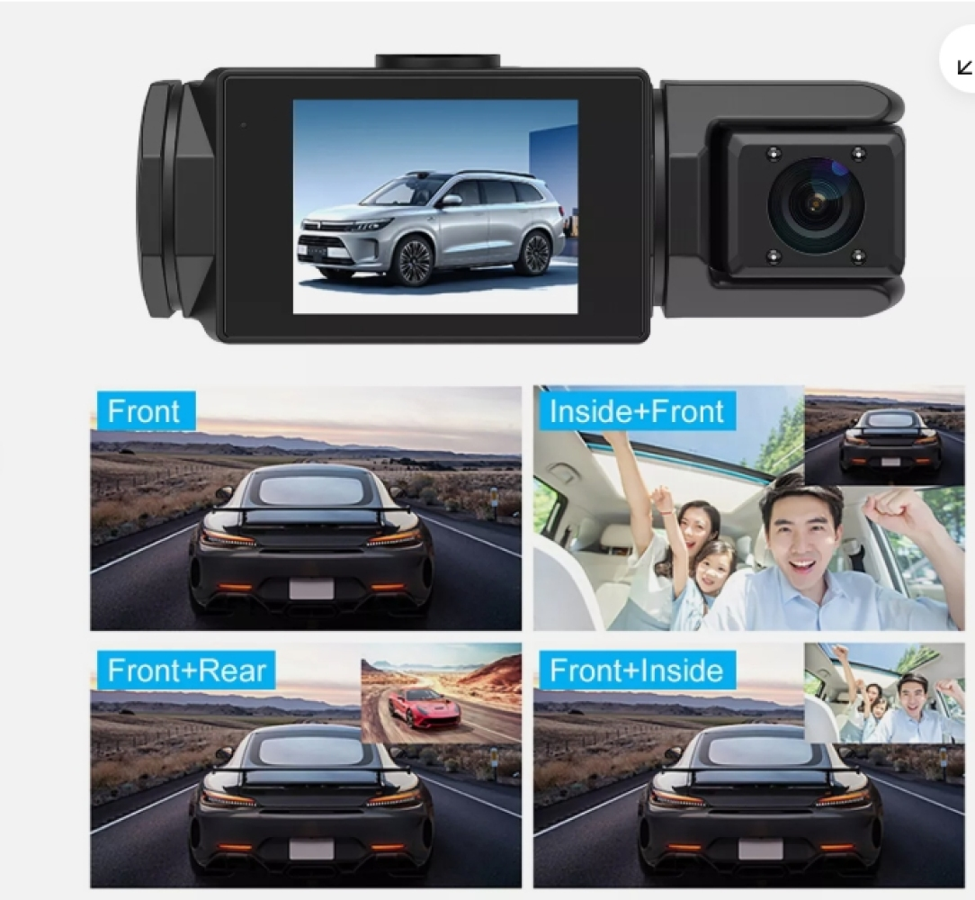 Eine Auto-Dashcam mit einem Bildschirm, der einen silbernen SUV zeigt. Unten sind Bilder von Autos und einer Familie im Auto.