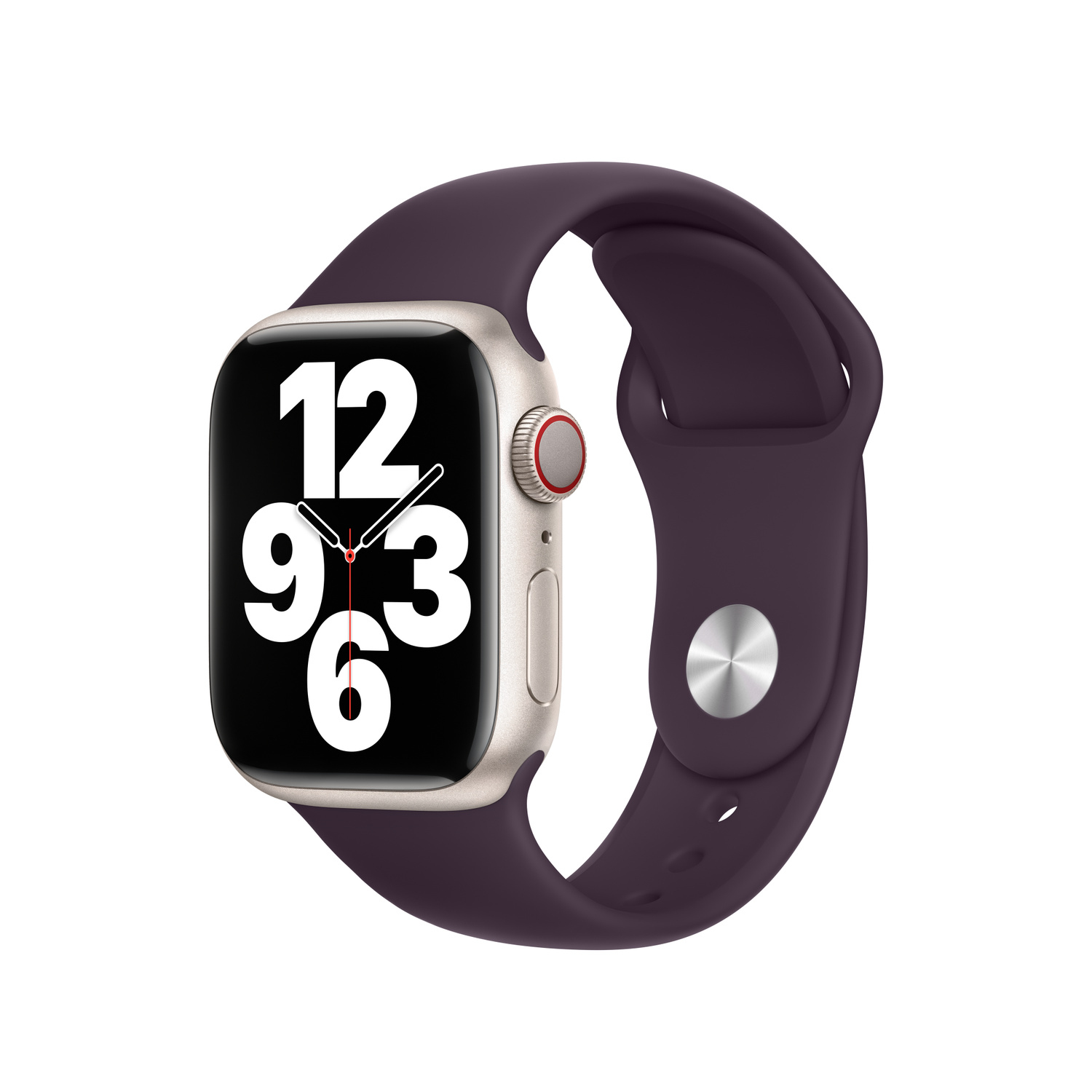 Une Apple Watch avec un bracelet violet foncé. Le cadran affiche l'heure, 12, 3, 6 et 9. Le boîtier est de couleur argent clair.