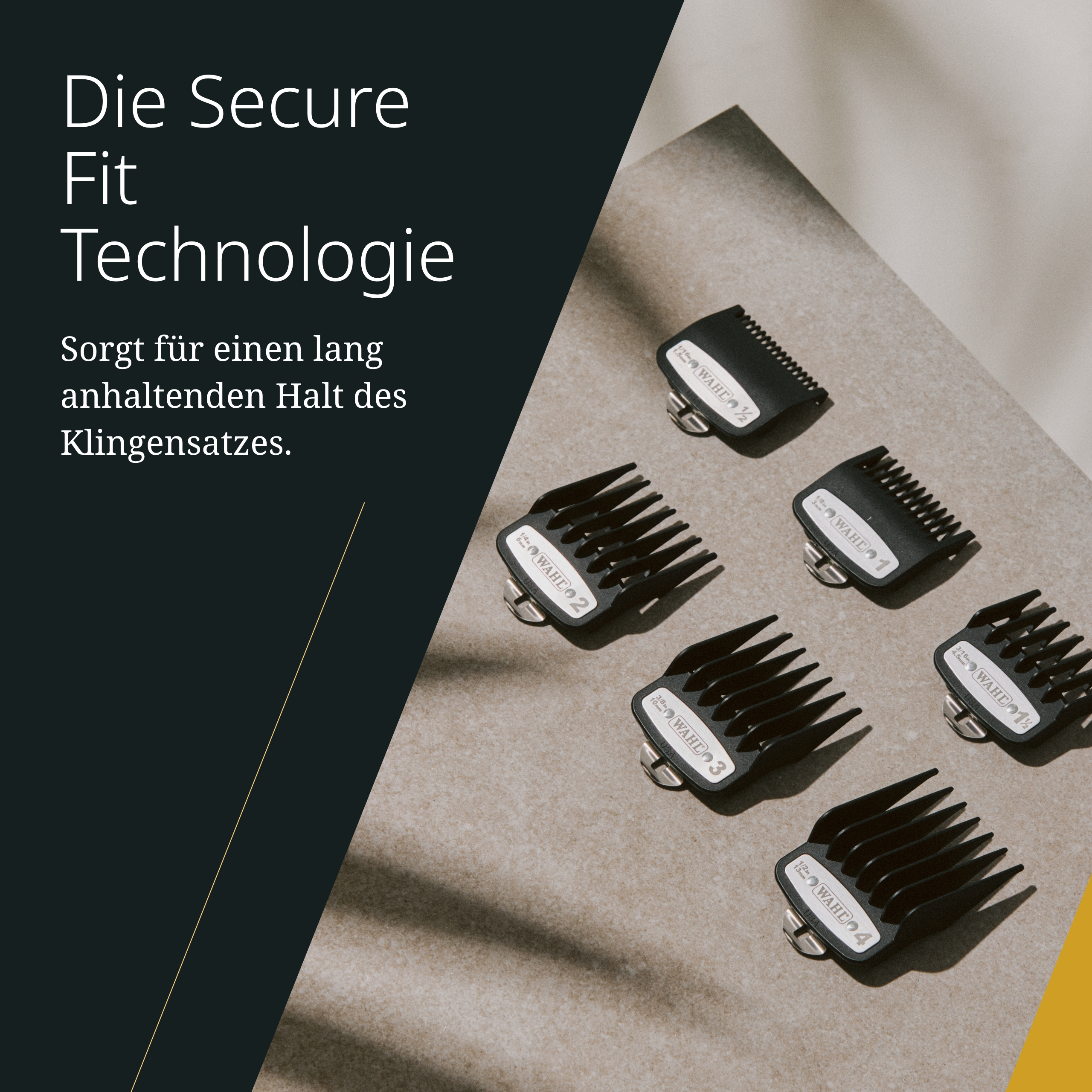 Schwarze Wahl-Haarschneiderschutzvorrichtungen auf beigem Papier. Text links. Gelb-schwarzer Hintergrund.
