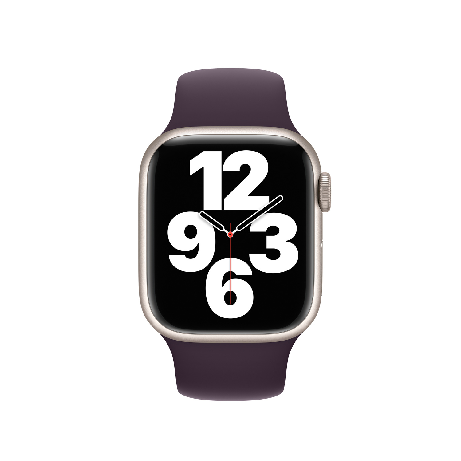 Une Apple Watch avec un bracelet violet foncé. Le cadran affiche les chiffres 12, 9, 3 et 6 en blanc sur fond noir.