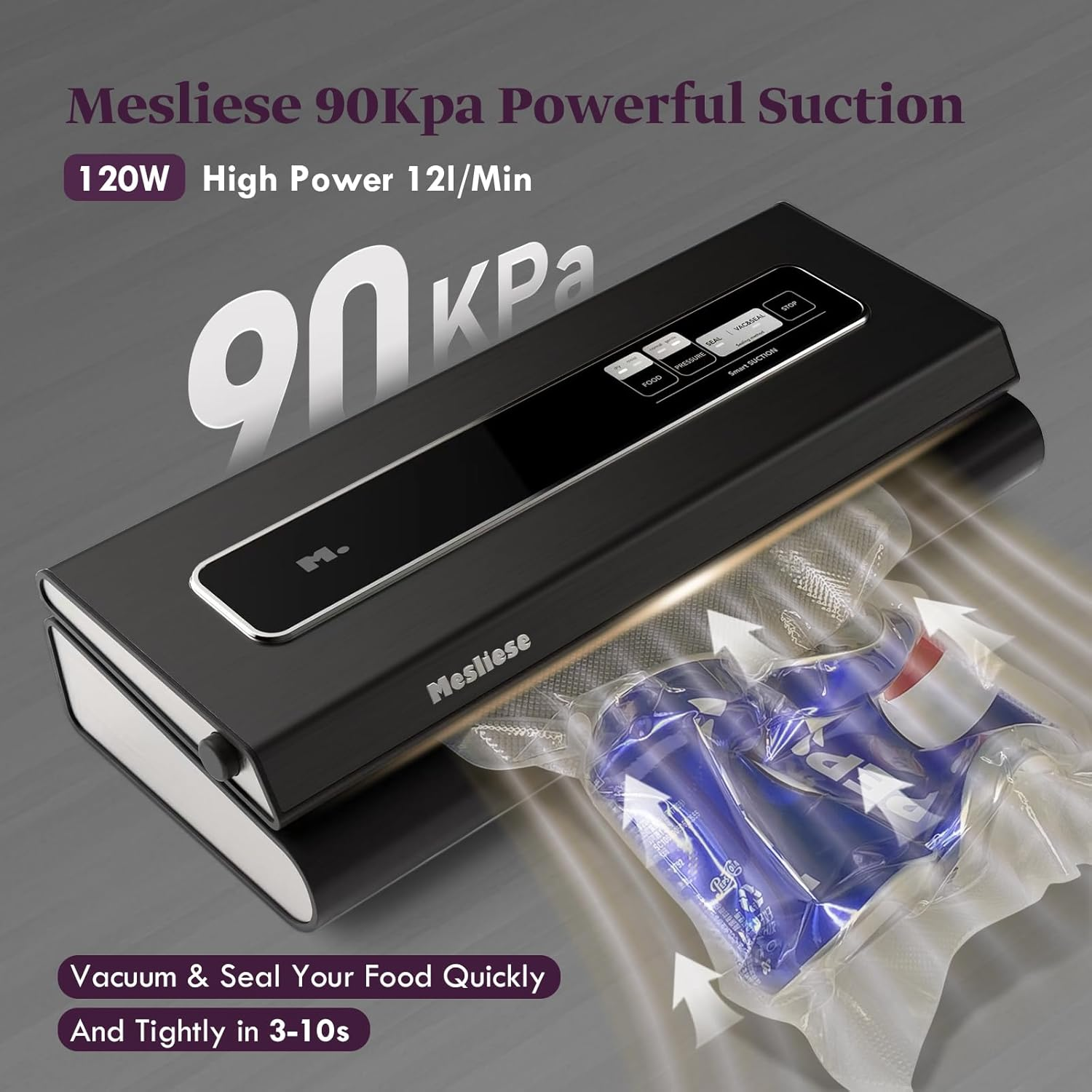 Ein schwarzes Vakuumiergerät mit Text: Mesliese 90Kpa. Ein Paket wird vakuumversiegelt. Text sagt: Vakuumieren & versiegeln Sie Ihre Lebensmittel schnell.